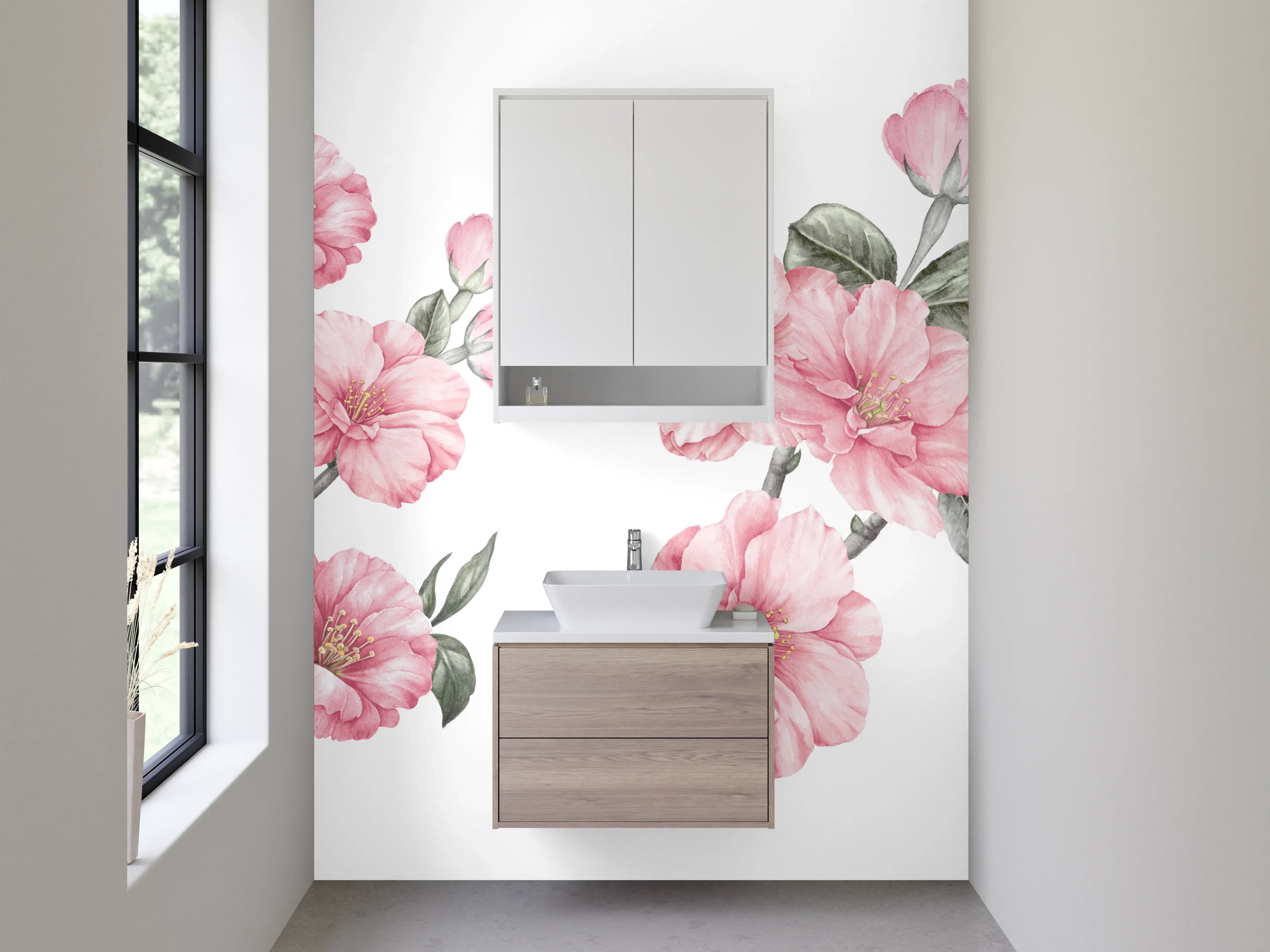 Waschbecken-Rückwand - Aquarell Kirschblüten Rosa Grün