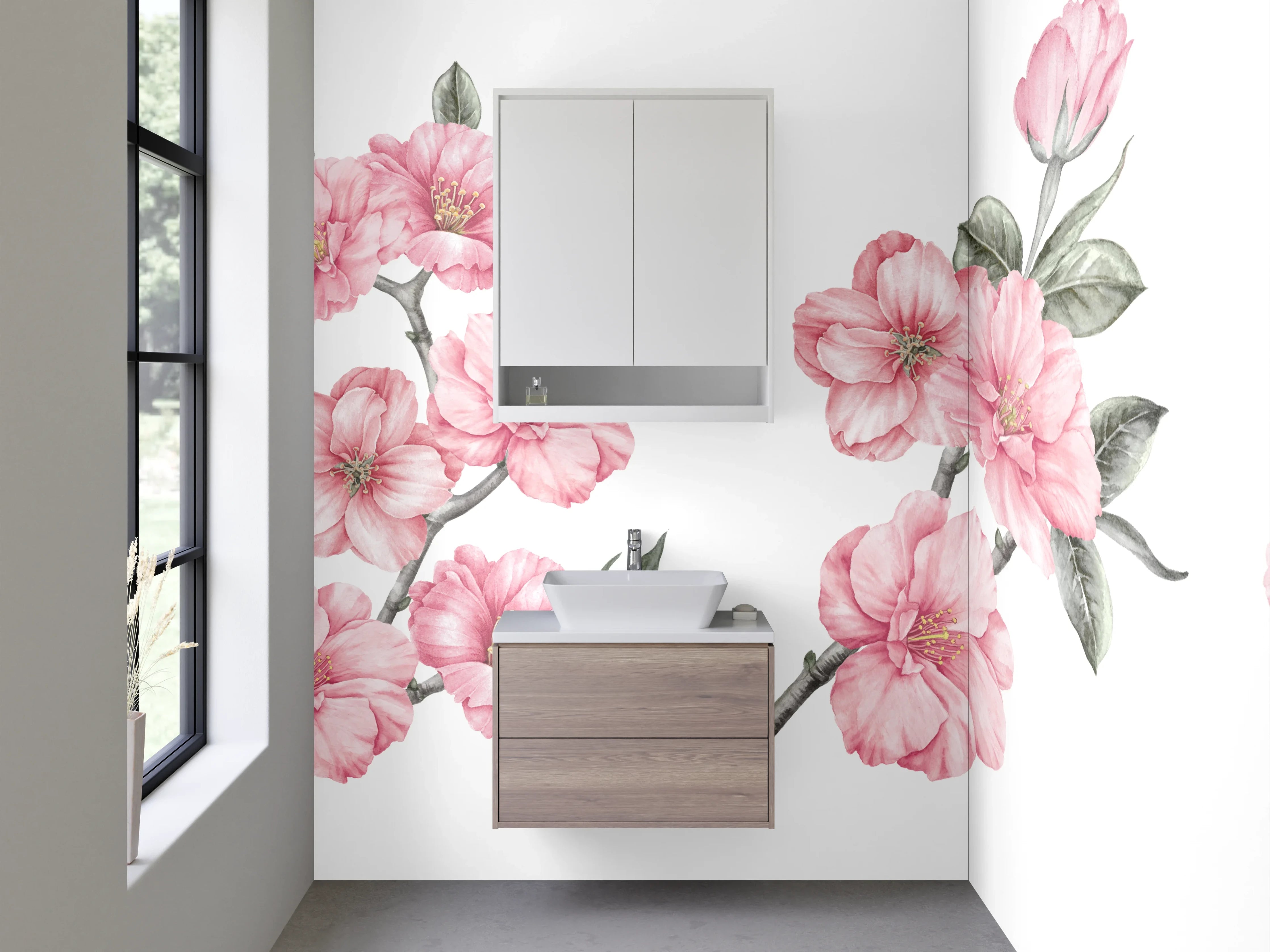 Waschbecken-Rückwand - Aquarell Kirschblüten Rosa Grün