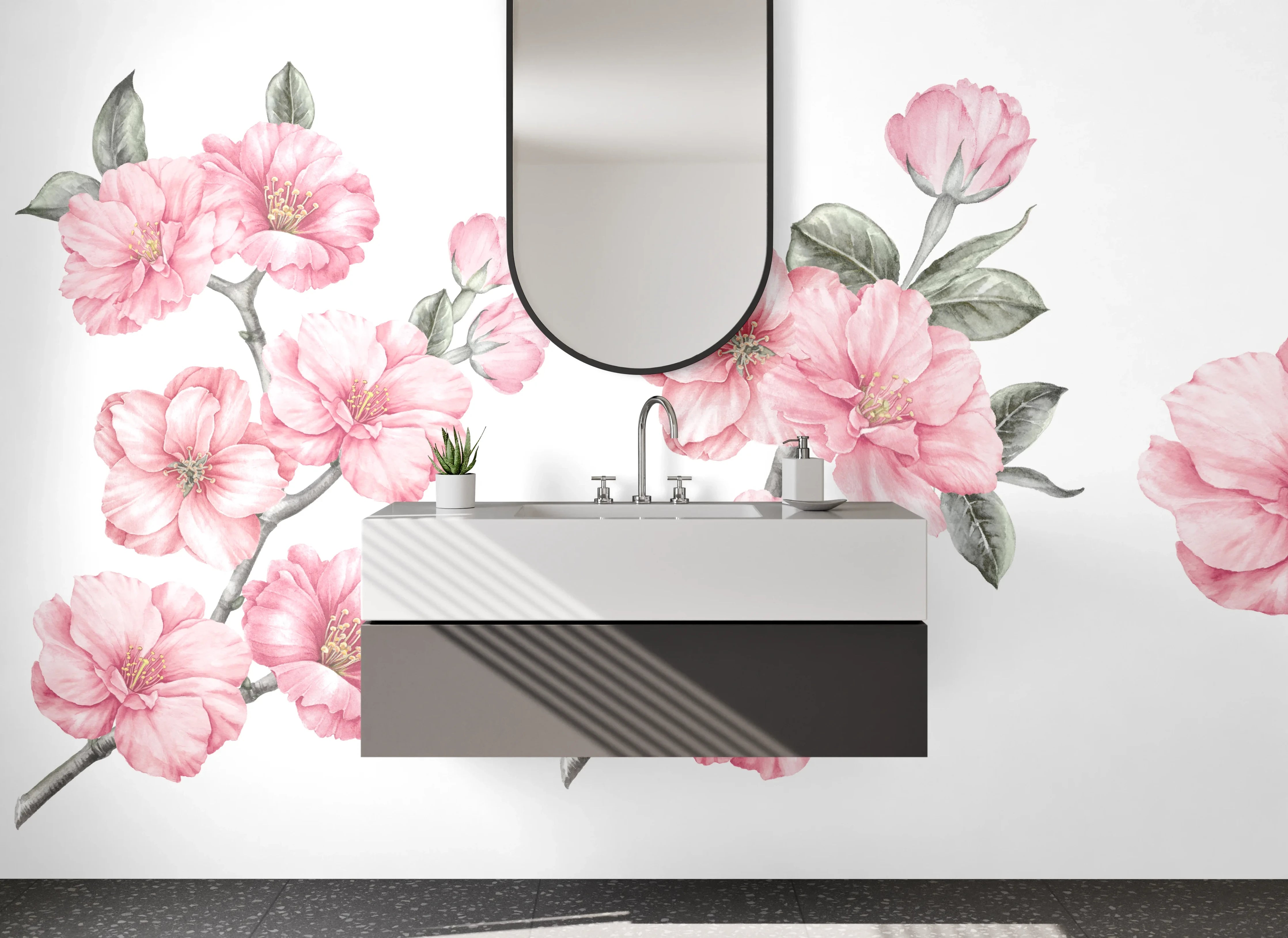 Waschbecken-Rückwand - Aquarell Kirschblüten Rosa Grün