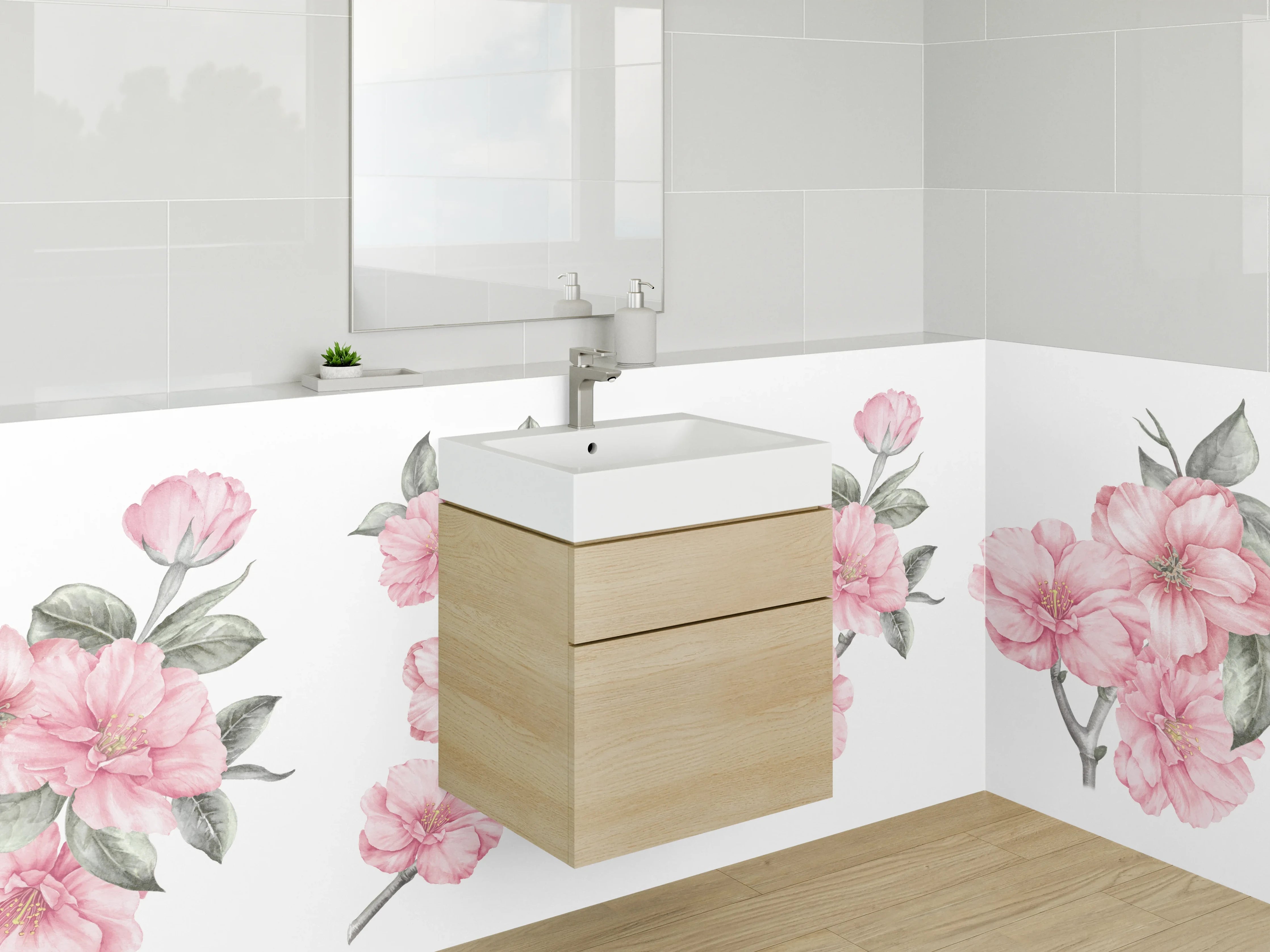 Waschbecken-Rückwand - Aquarell Kirschblüten Rosa Grün