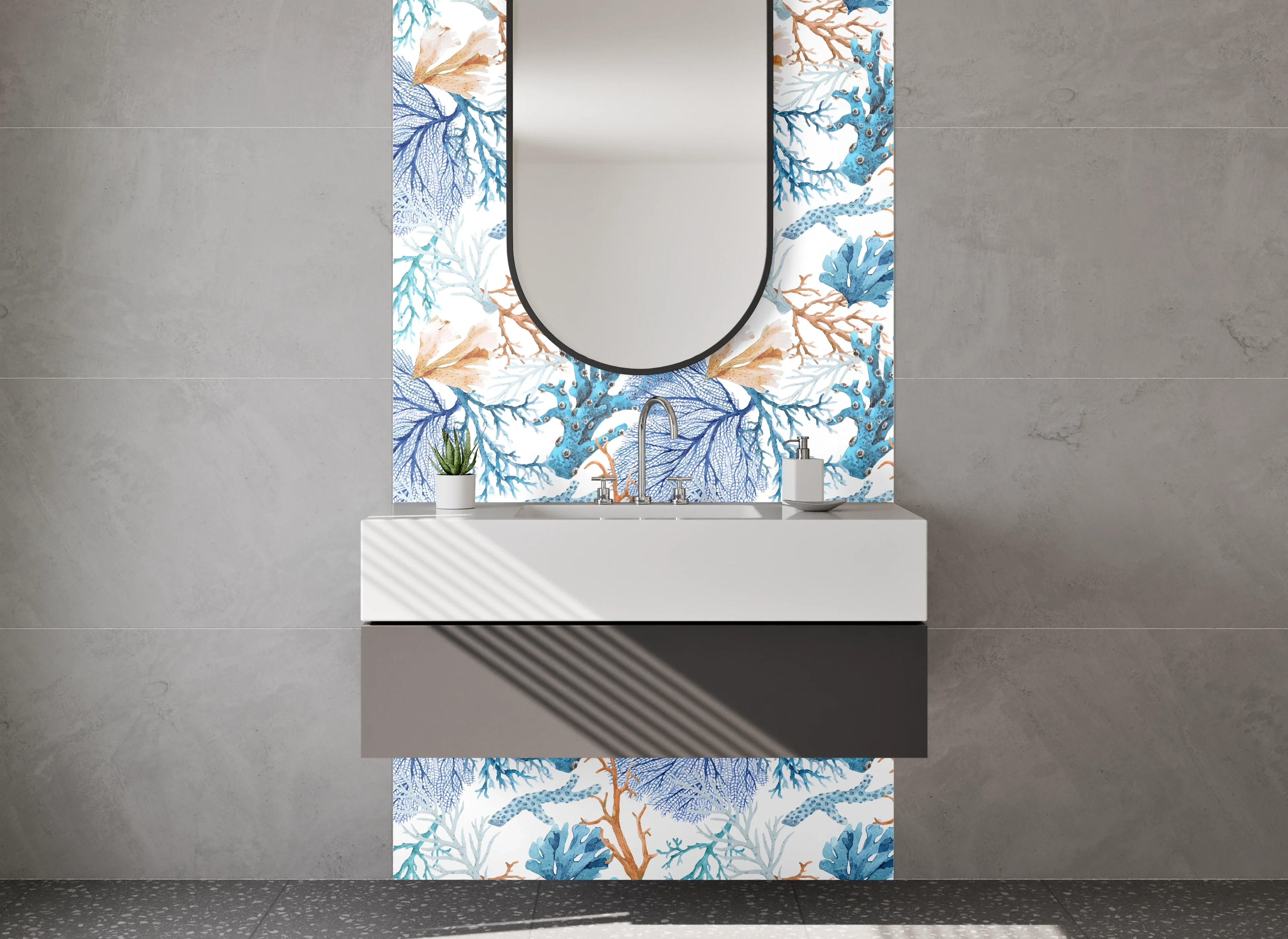 Waschbecken-Rückwand - Aquarell Korallenmuster Blau Beige