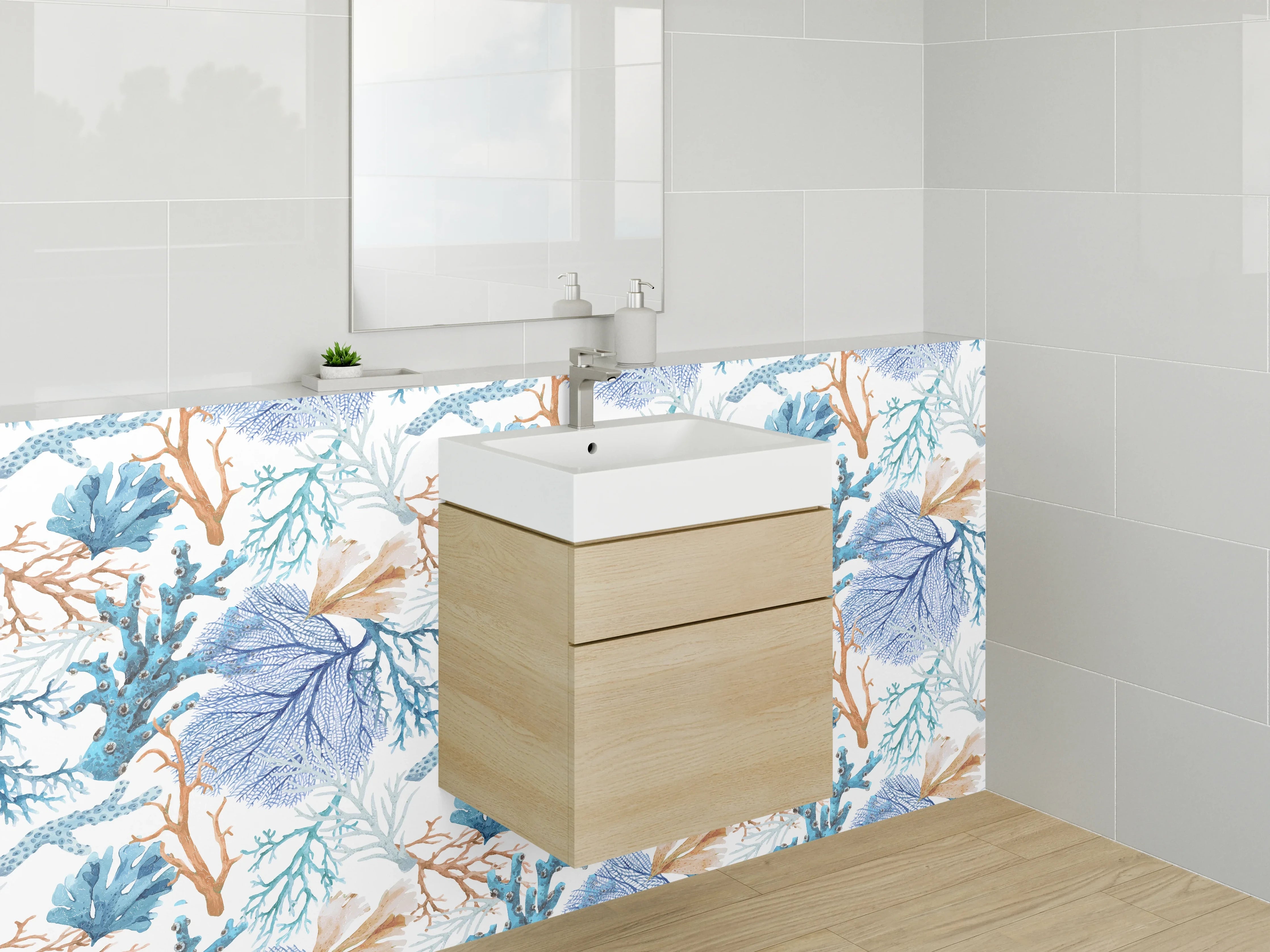 Waschbecken-Rückwand - Aquarell Korallenmuster Blau Beige