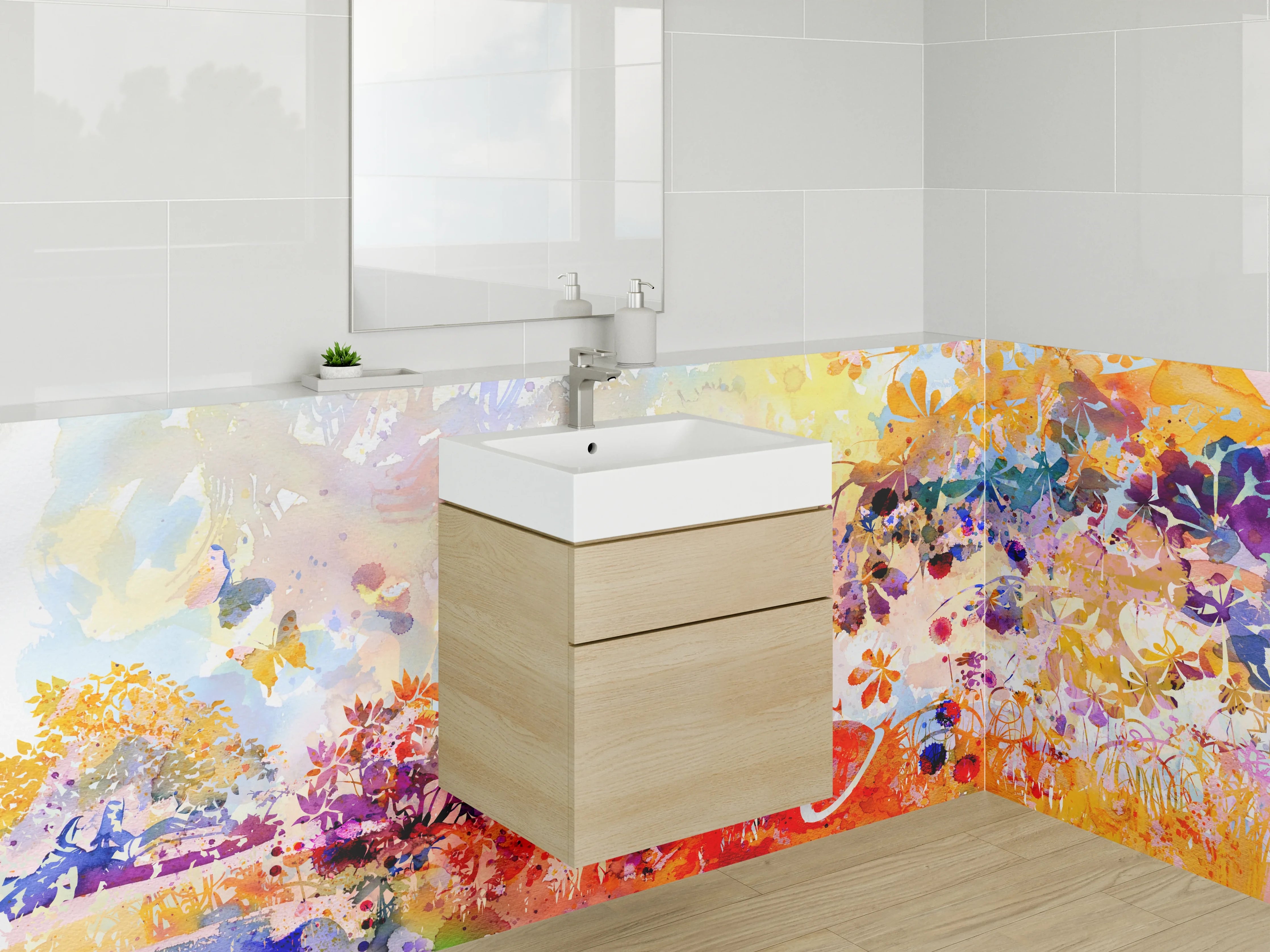 Waschbecken-Rückwand - Aquarell Landschaft Blumen Farbenpracht