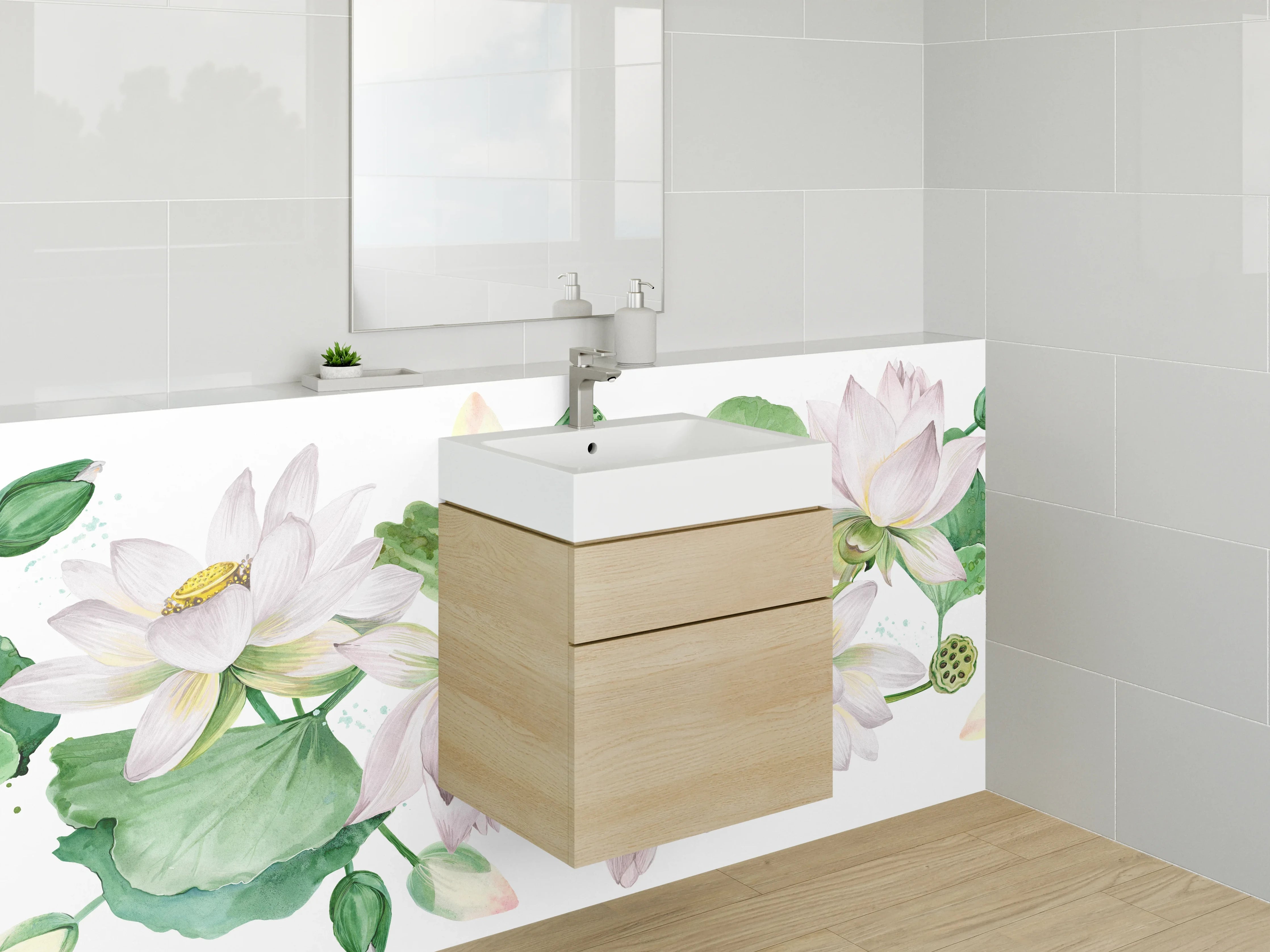 Waschbecken-Rückwand - Aquarell Lotusblüten auf Weiß