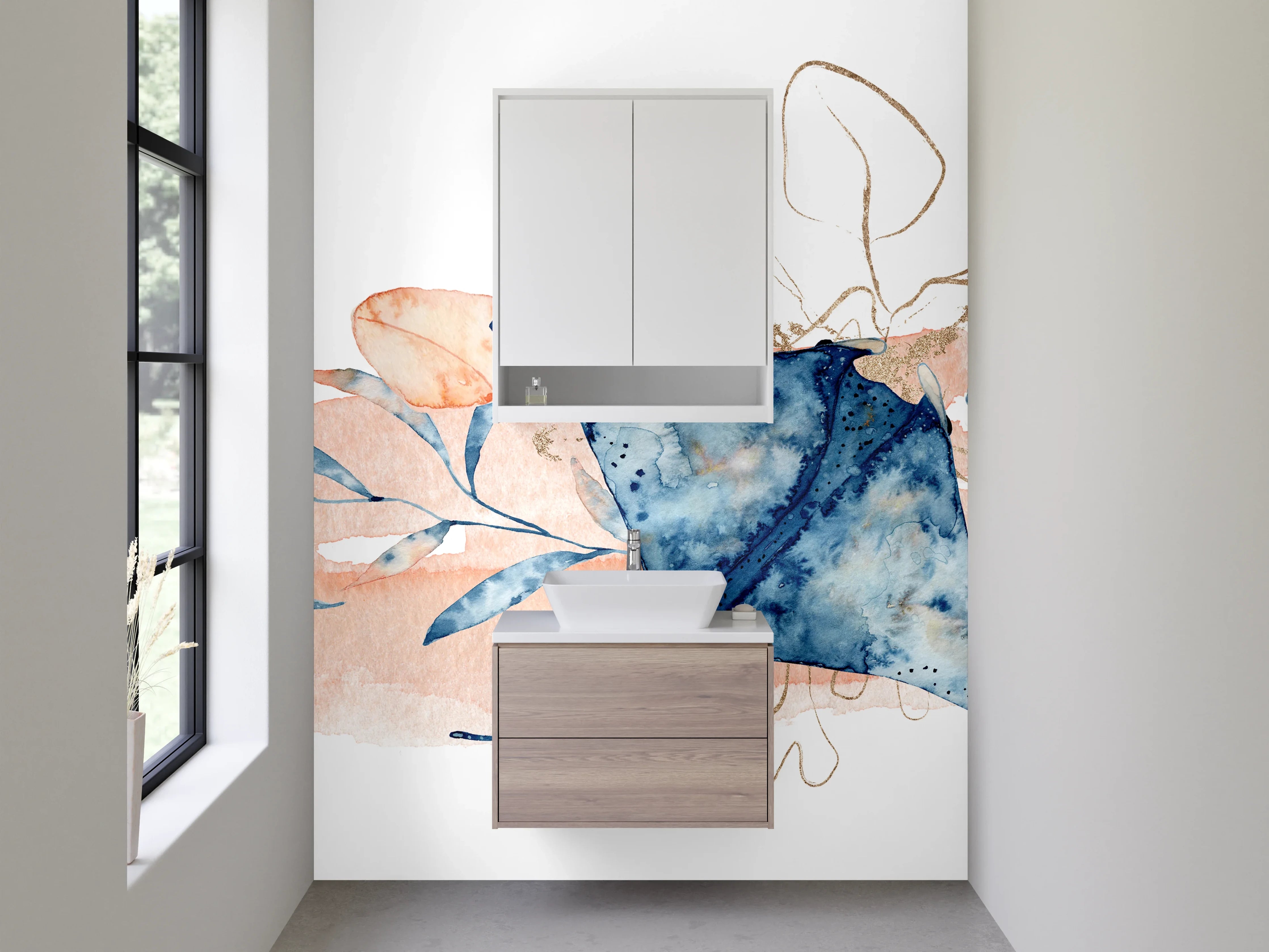 Waschbecken-Rückwand - Aquarell Manta mit floralen Elementen