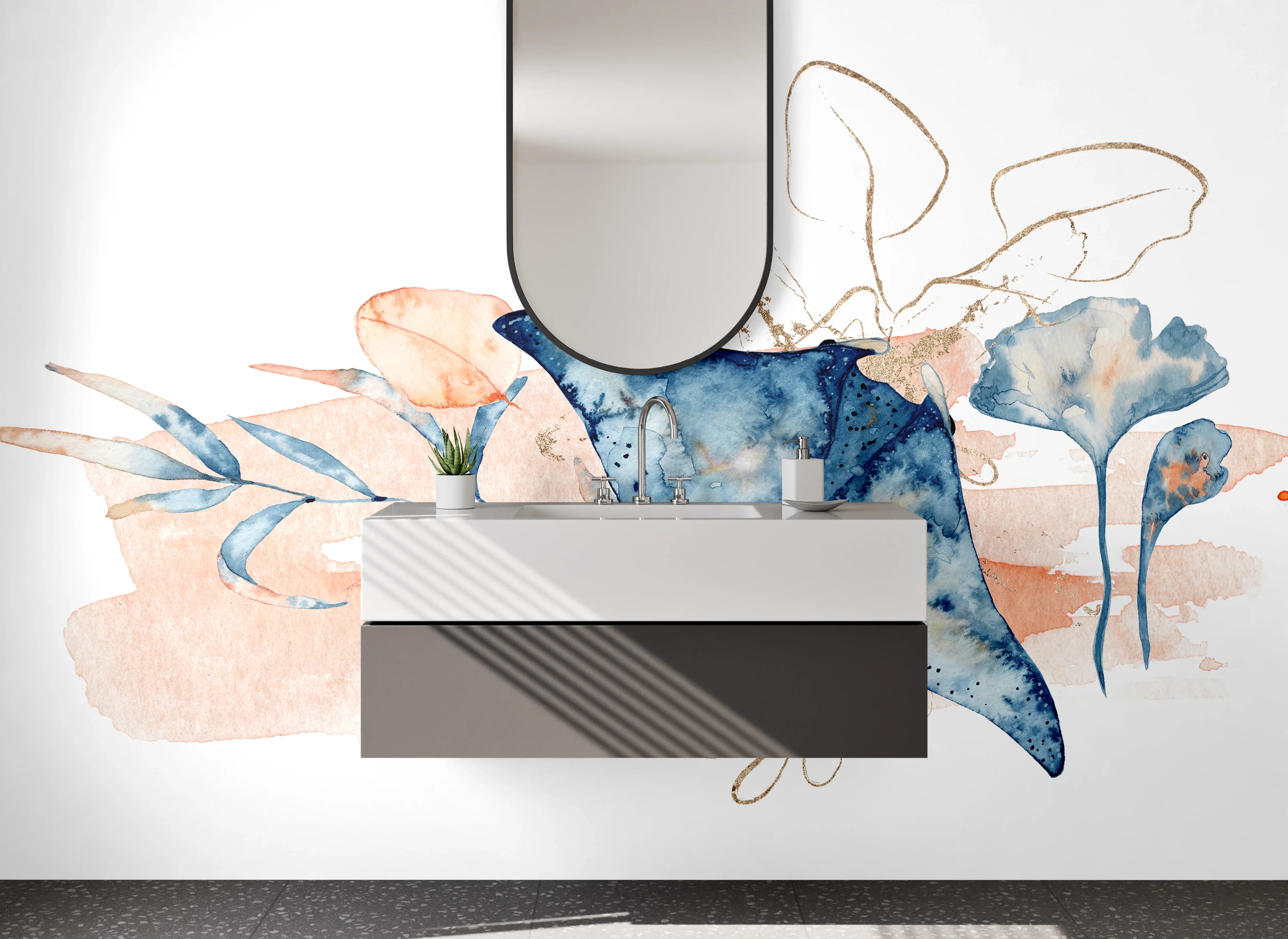 Waschbecken-Rückwand - Aquarell Manta mit floralen Elementen