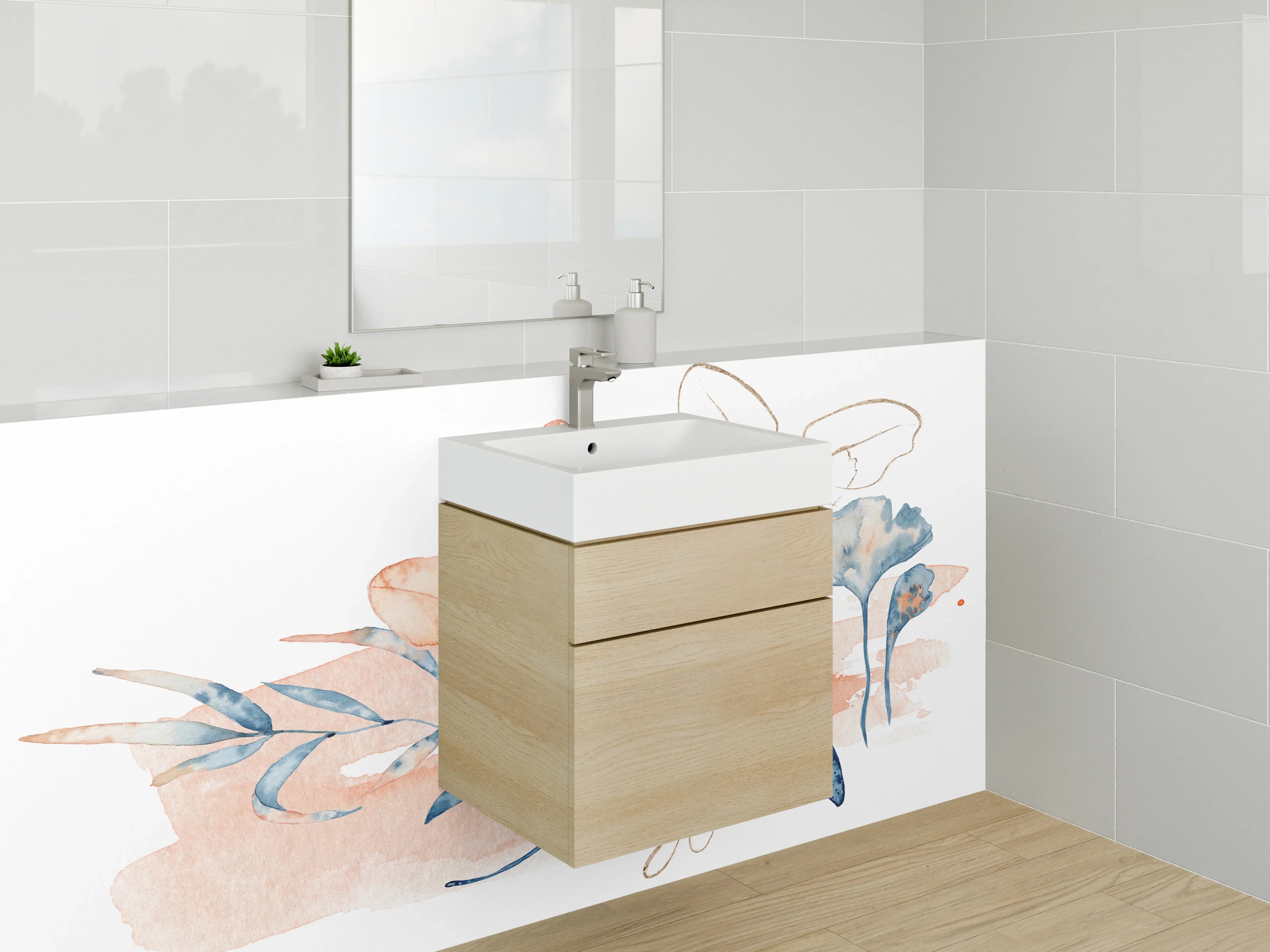 Waschbecken-Rückwand - Aquarell Manta mit floralen Elementen