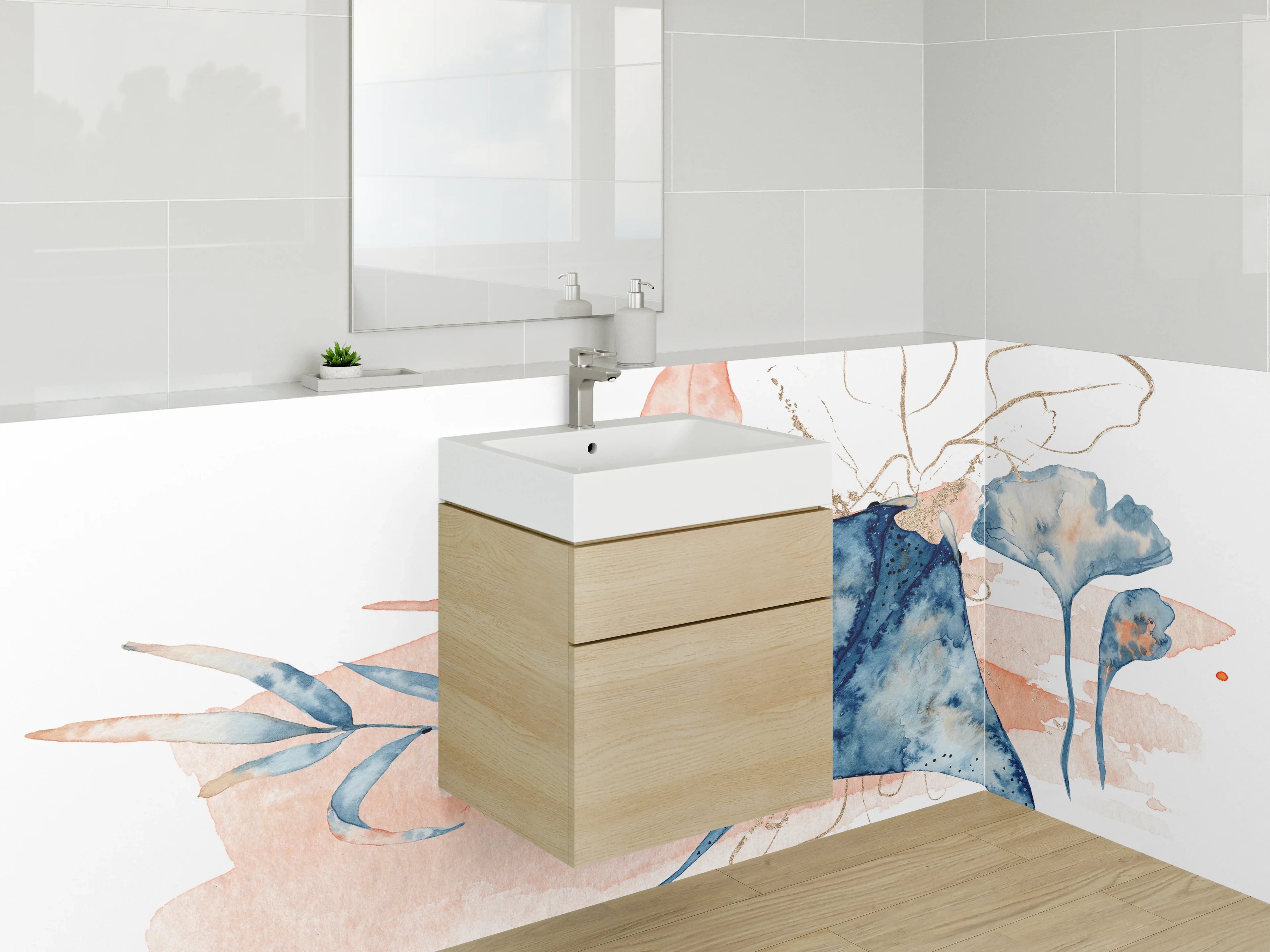 Waschbecken-Rückwand - Aquarell Manta mit floralen Elementen
