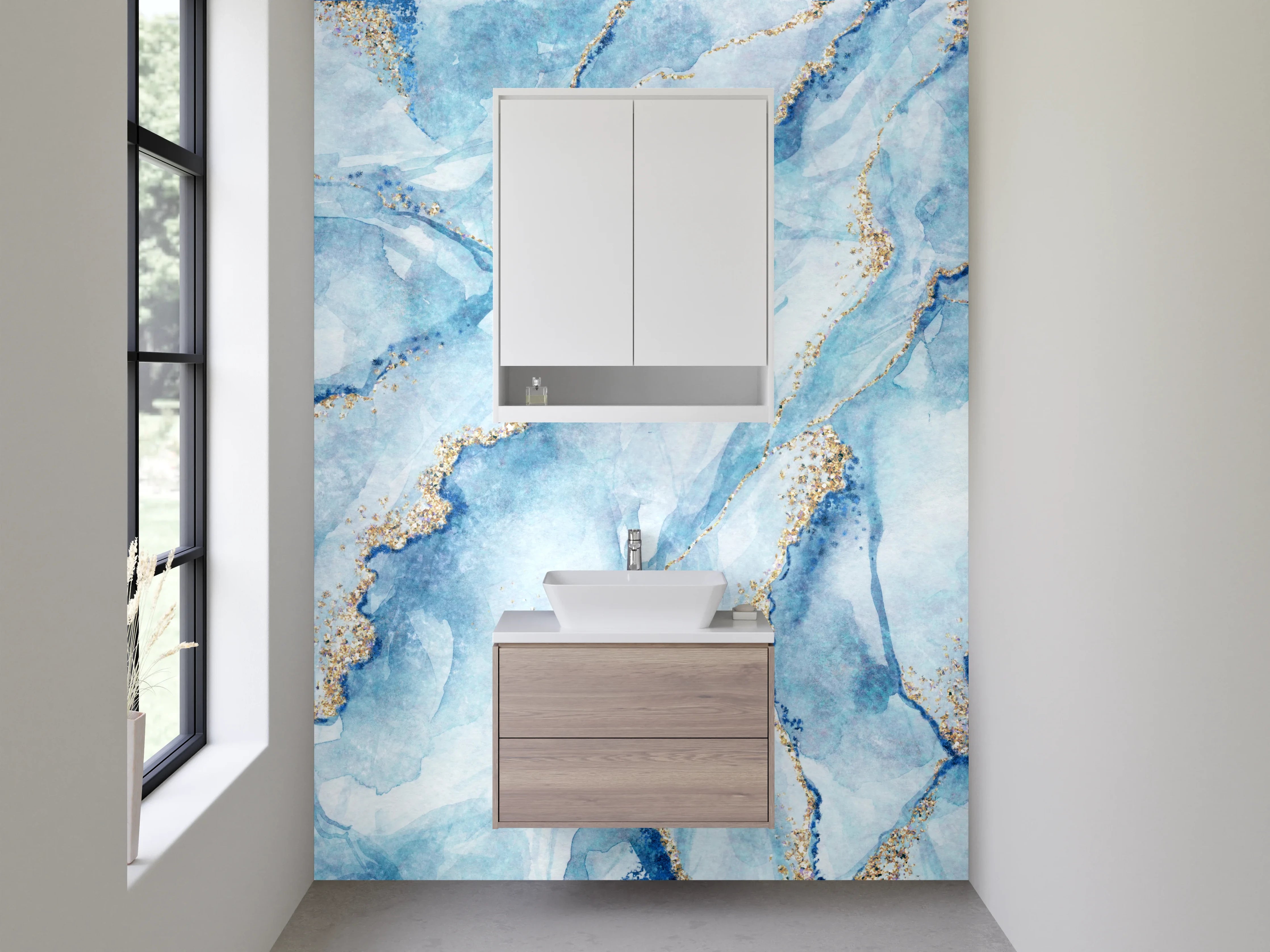 Waschbecken-Rückwand - Aquarell-Marmor blau-gold