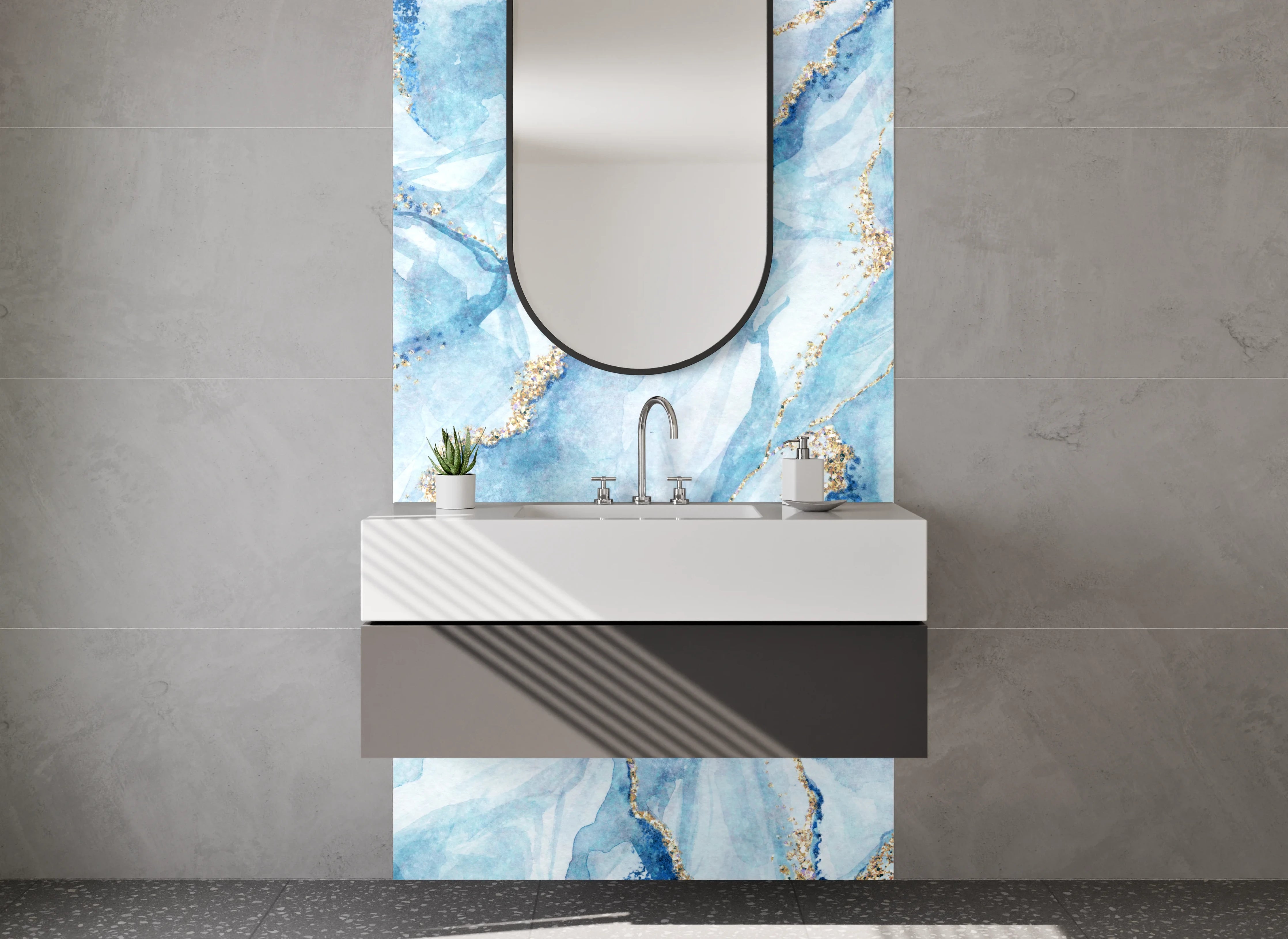 Waschbecken-Rückwand - Aquarell-Marmor blau-gold