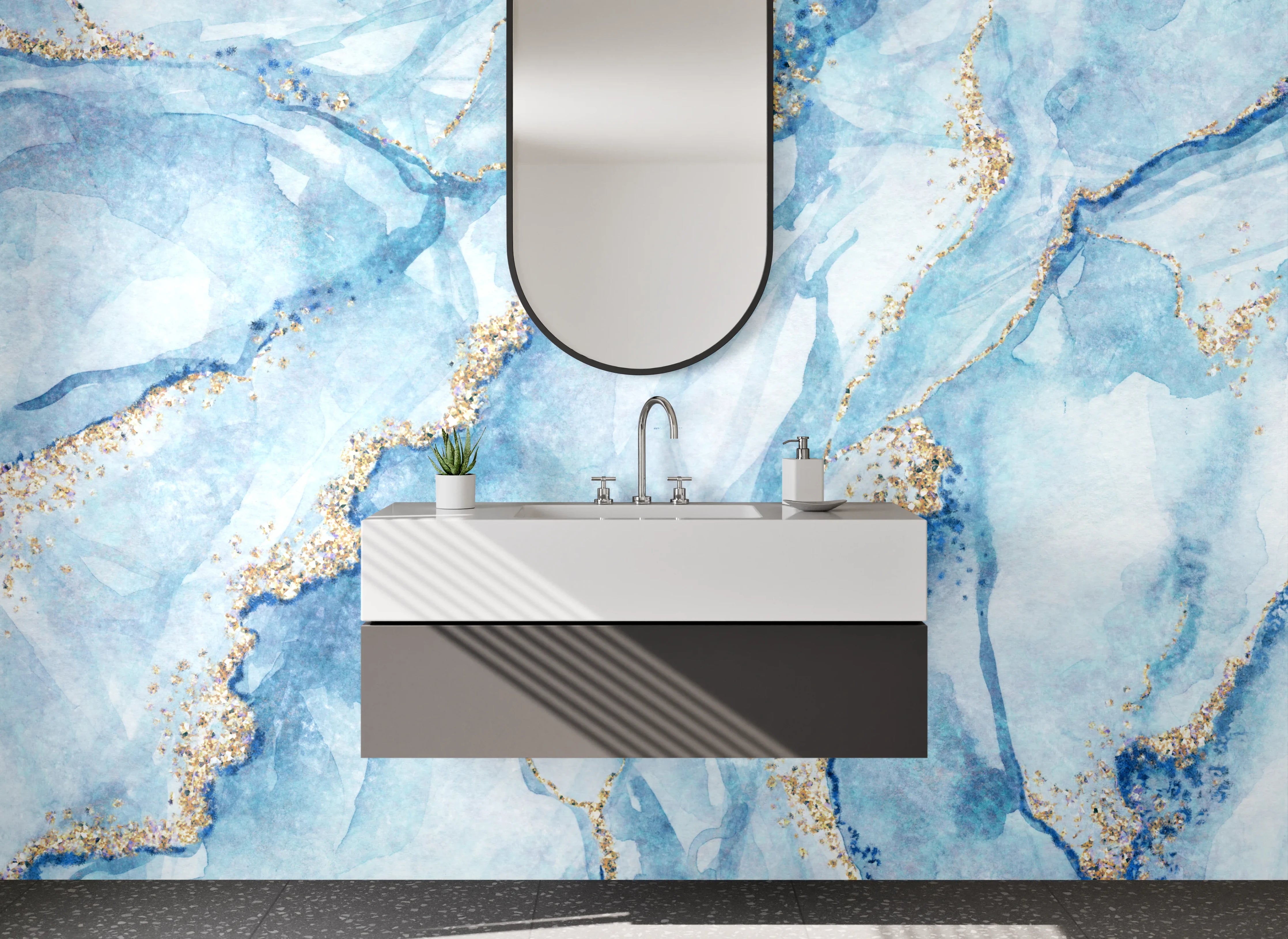 Waschbecken-Rückwand - Aquarell-Marmor blau-gold