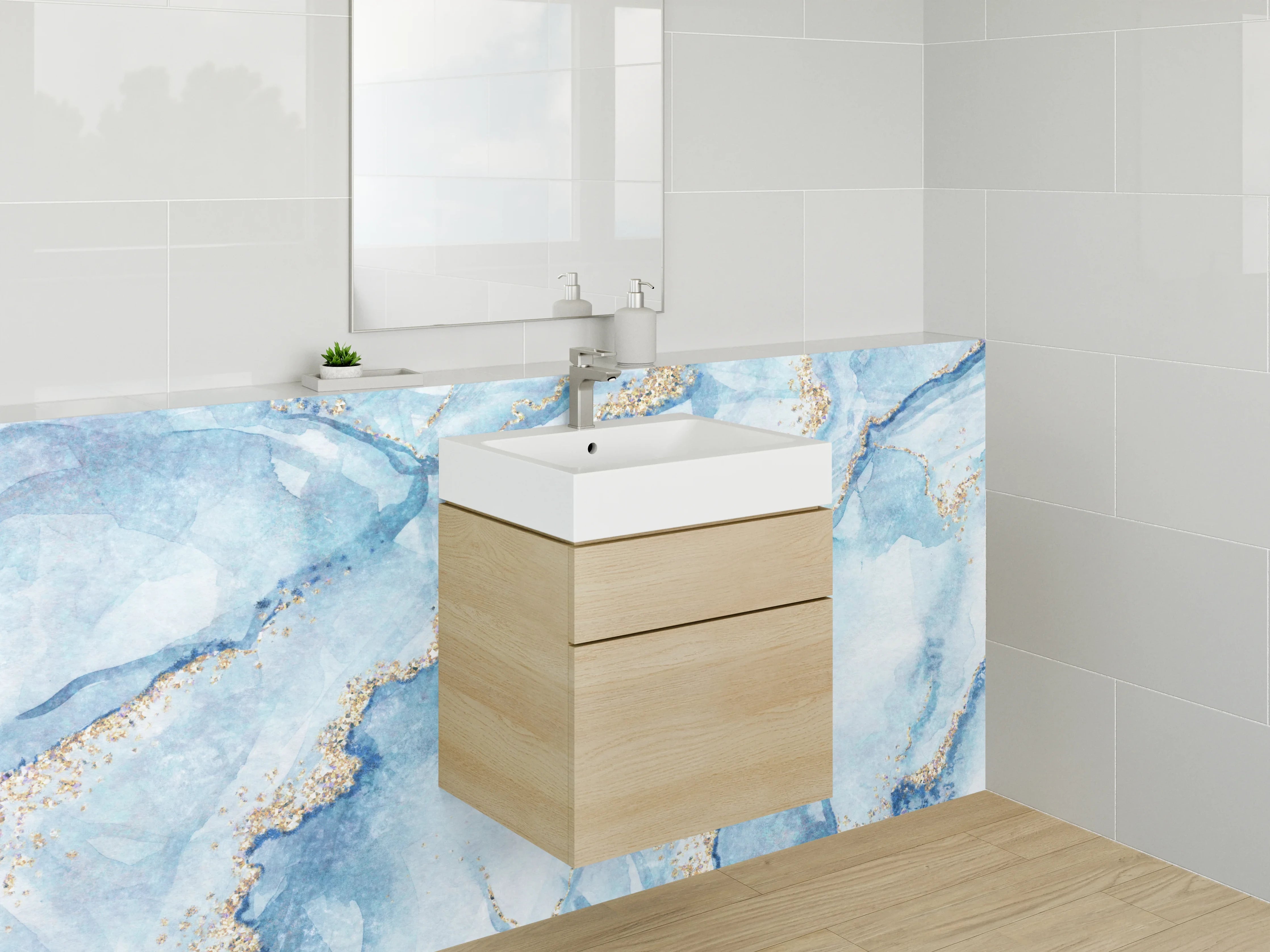Waschbecken-Rückwand - Aquarell-Marmor blau-gold