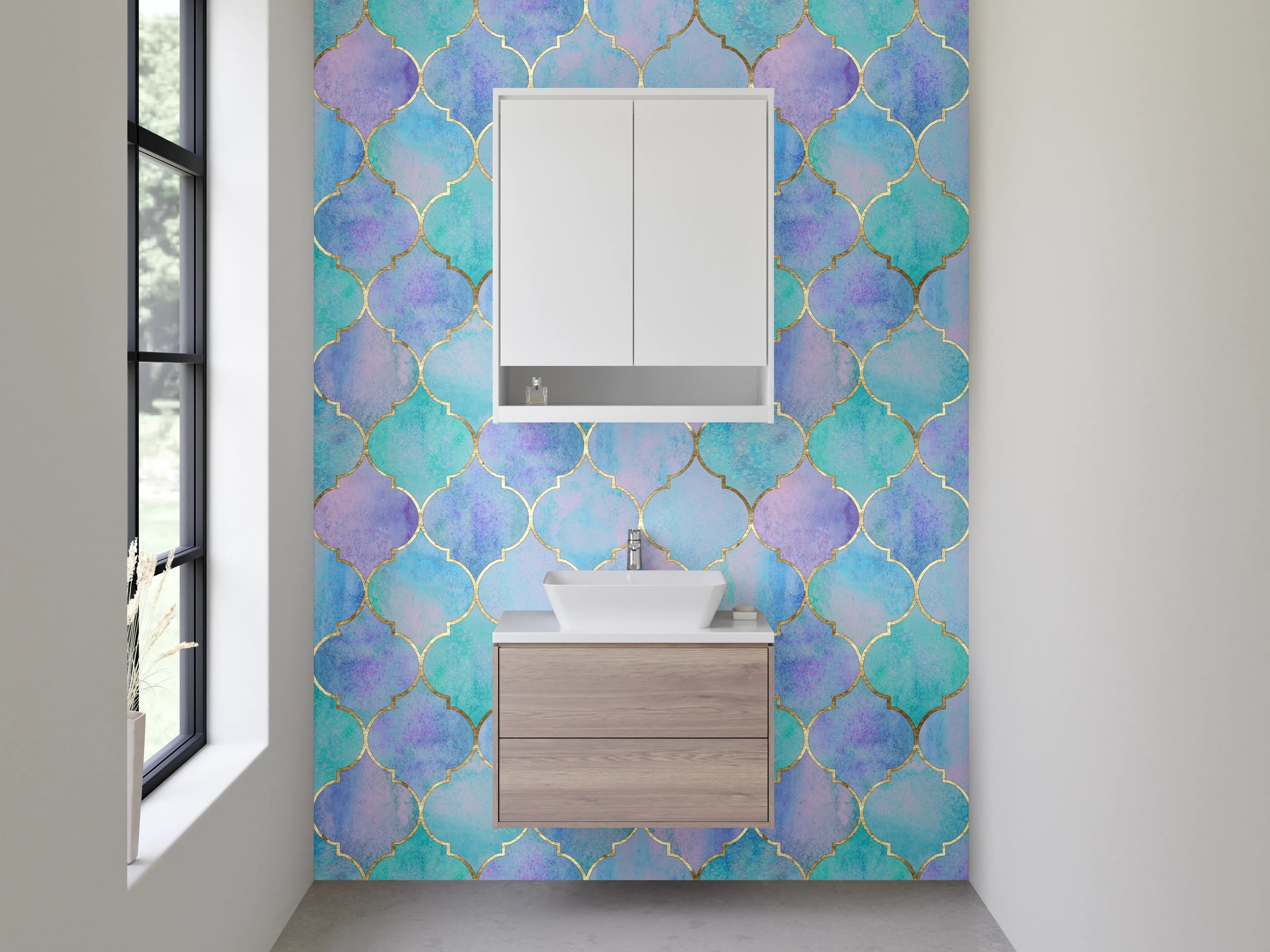 Waschbecken-Rückwand - Aquarell Mosaik Türkis Lila Muster