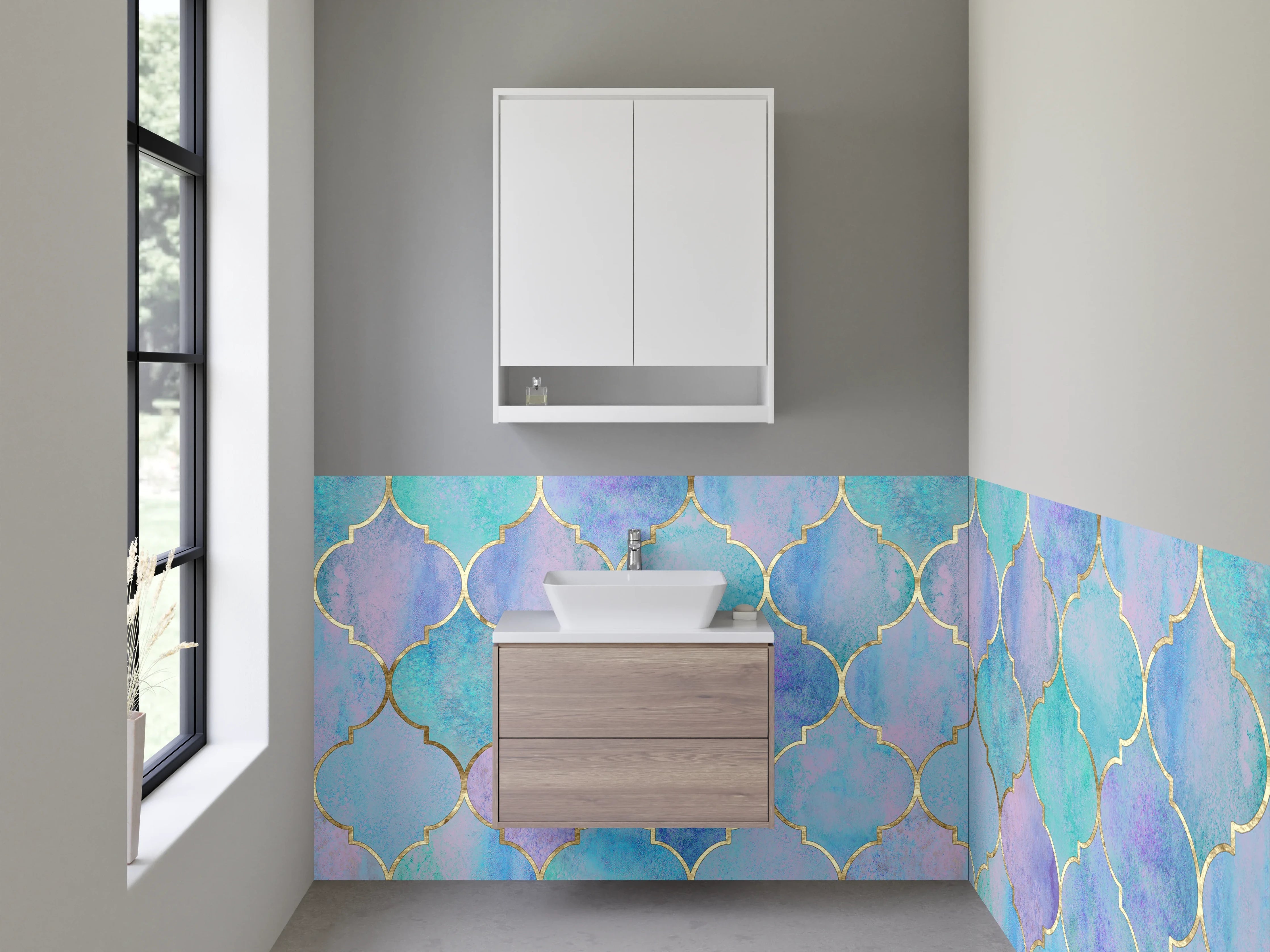 Waschbecken-Rückwand - Aquarell Mosaik Türkis Lila Muster