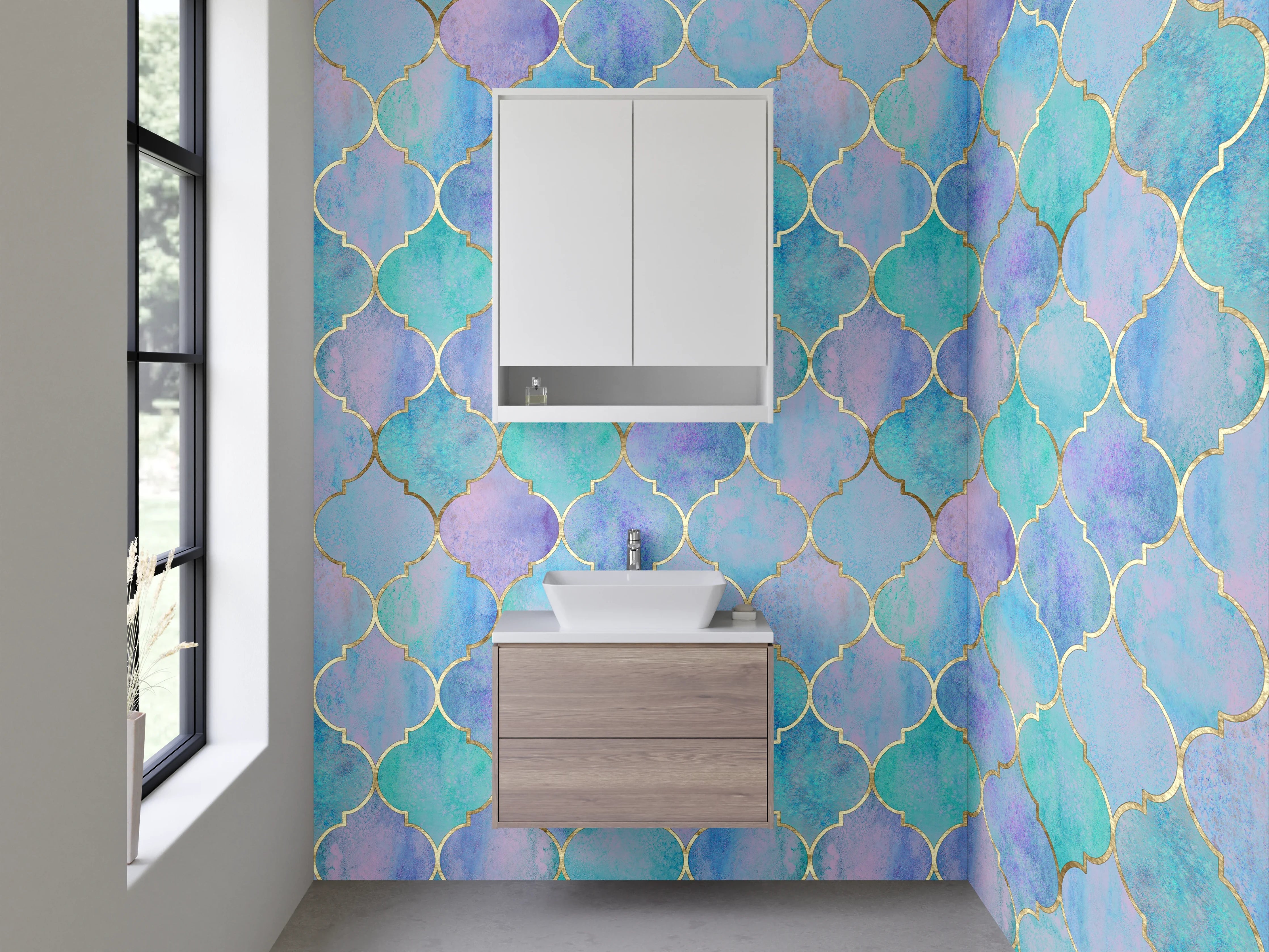 Waschbecken-Rückwand - Aquarell Mosaik Türkis Lila Muster