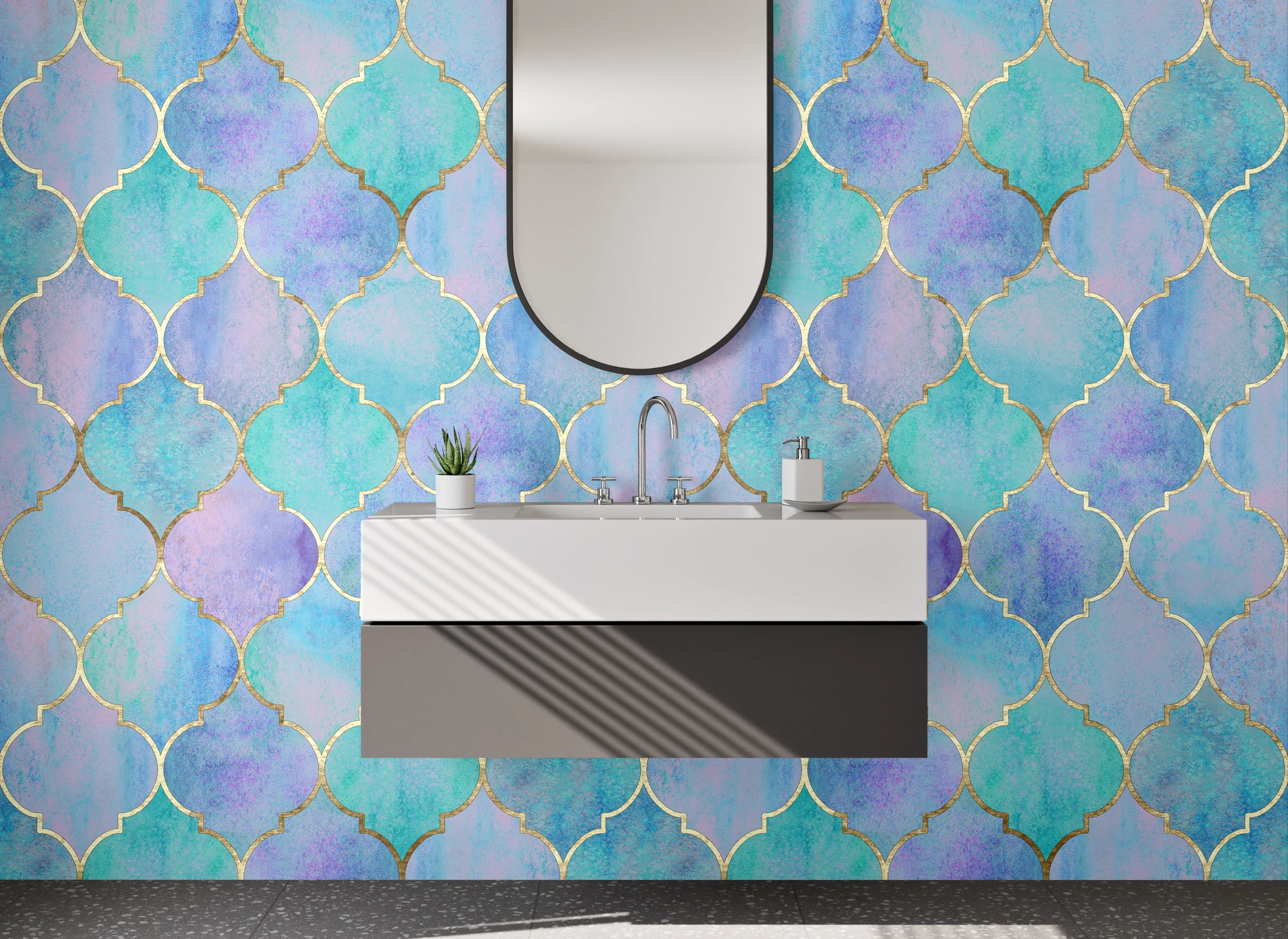 Waschbecken-Rückwand - Aquarell Mosaik Türkis Lila Muster