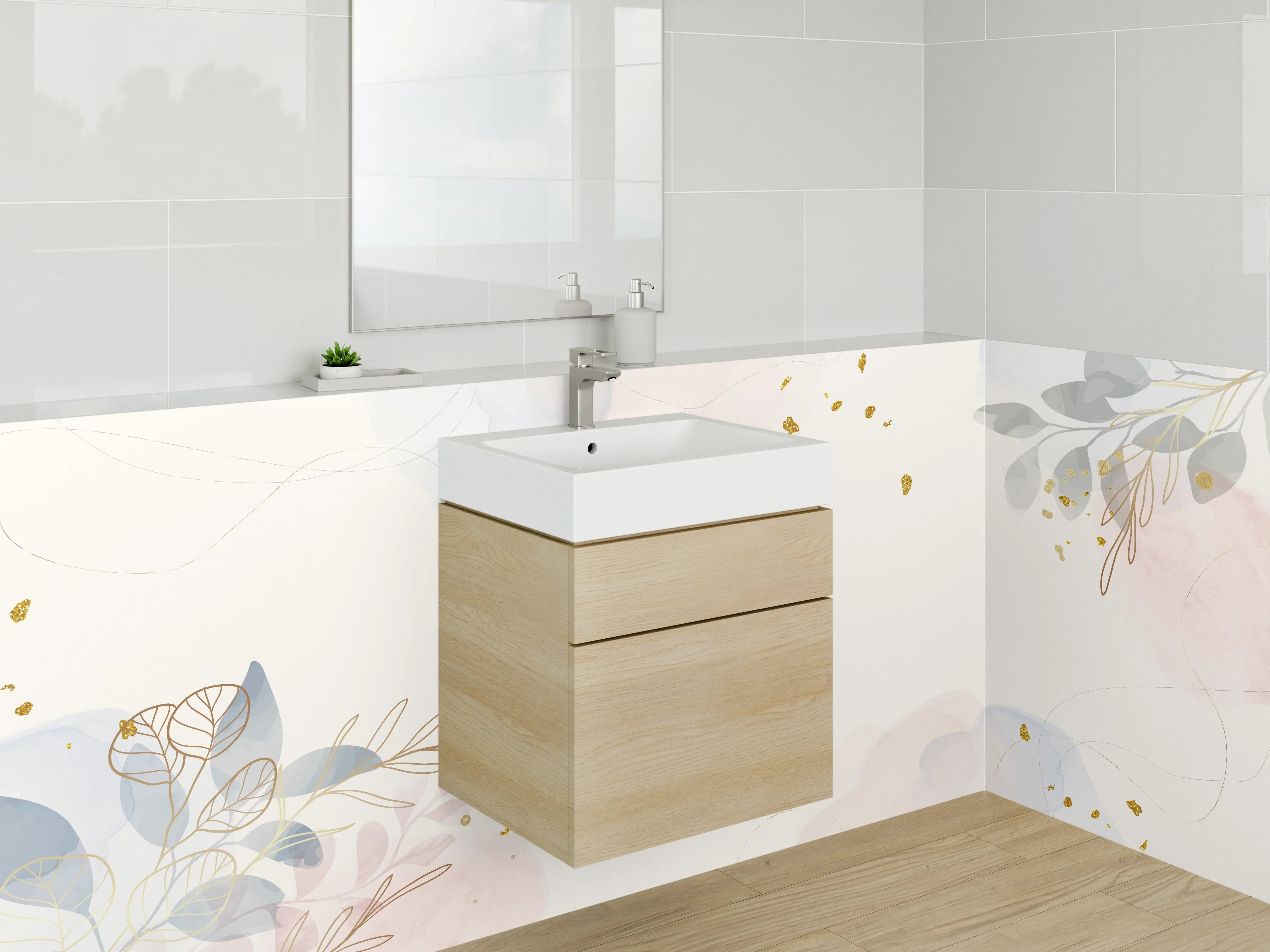 Waschbecken-Rückwand - Aquarell Pflanzen mit Goldakzenten