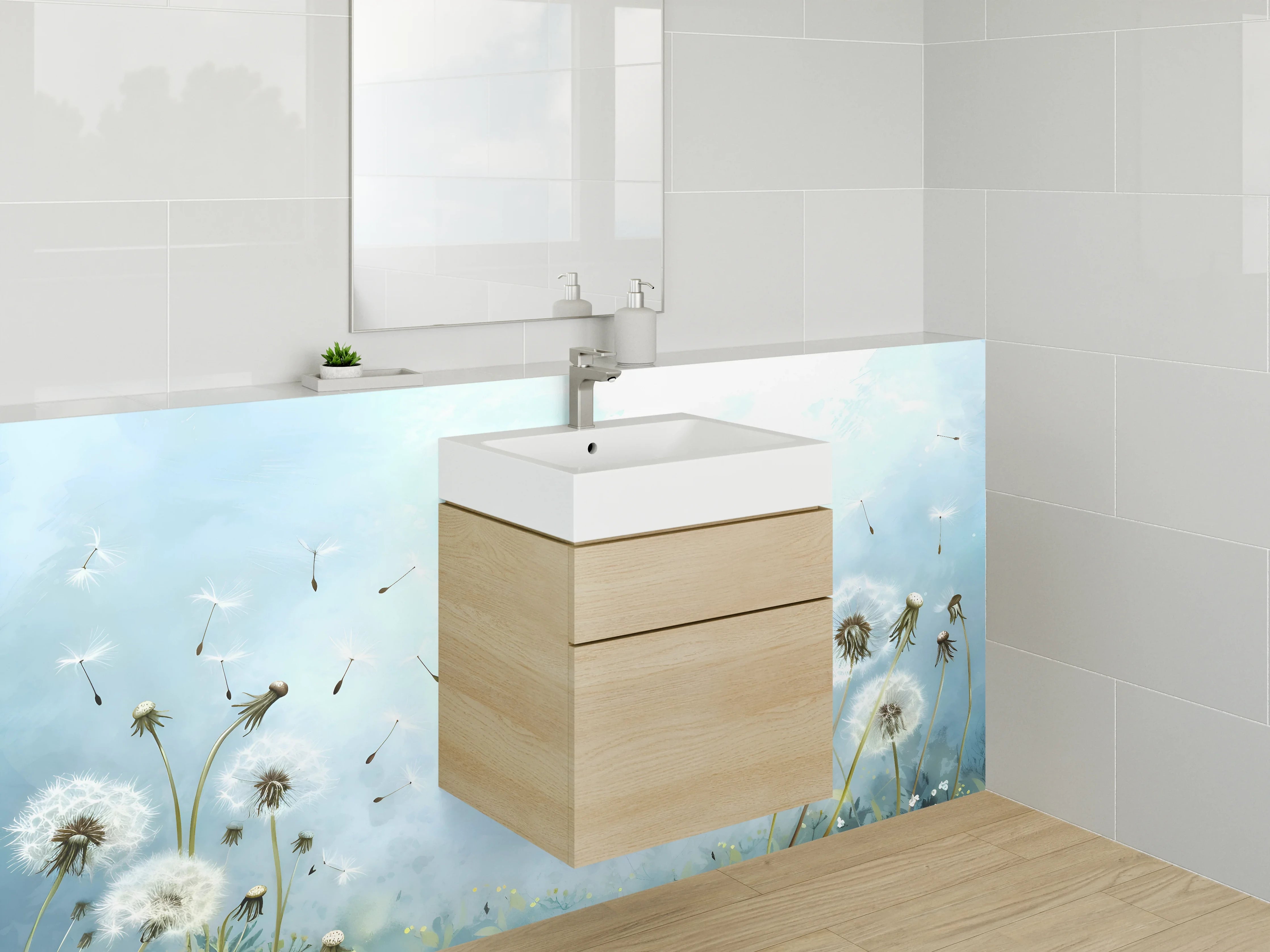 Waschbecken-Rückwand - Aquarell Pusteblumen Himmelblau