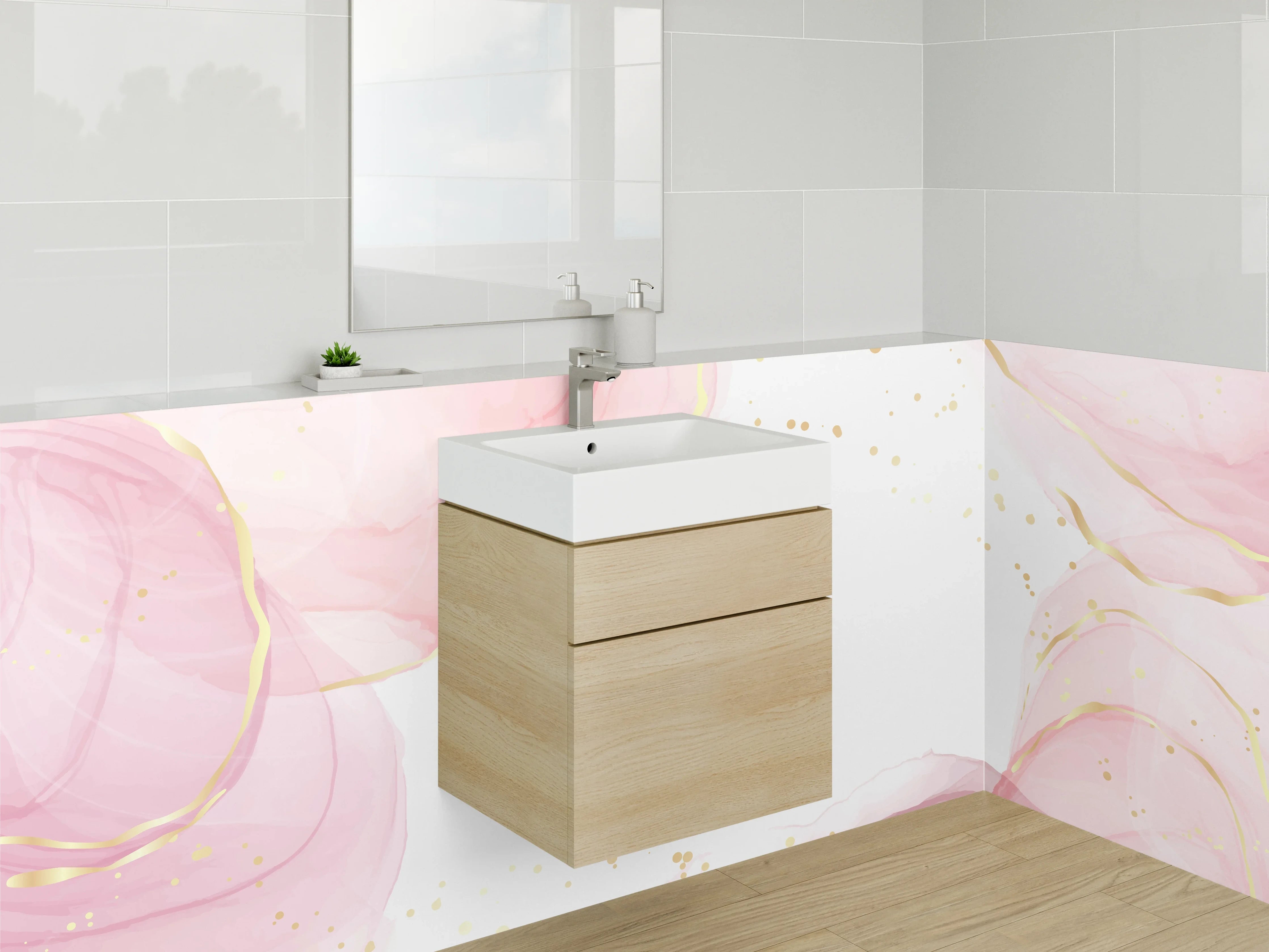 Waschbecken-Rückwand - Aquarell Rosa Gold Abstrakt Marmor
