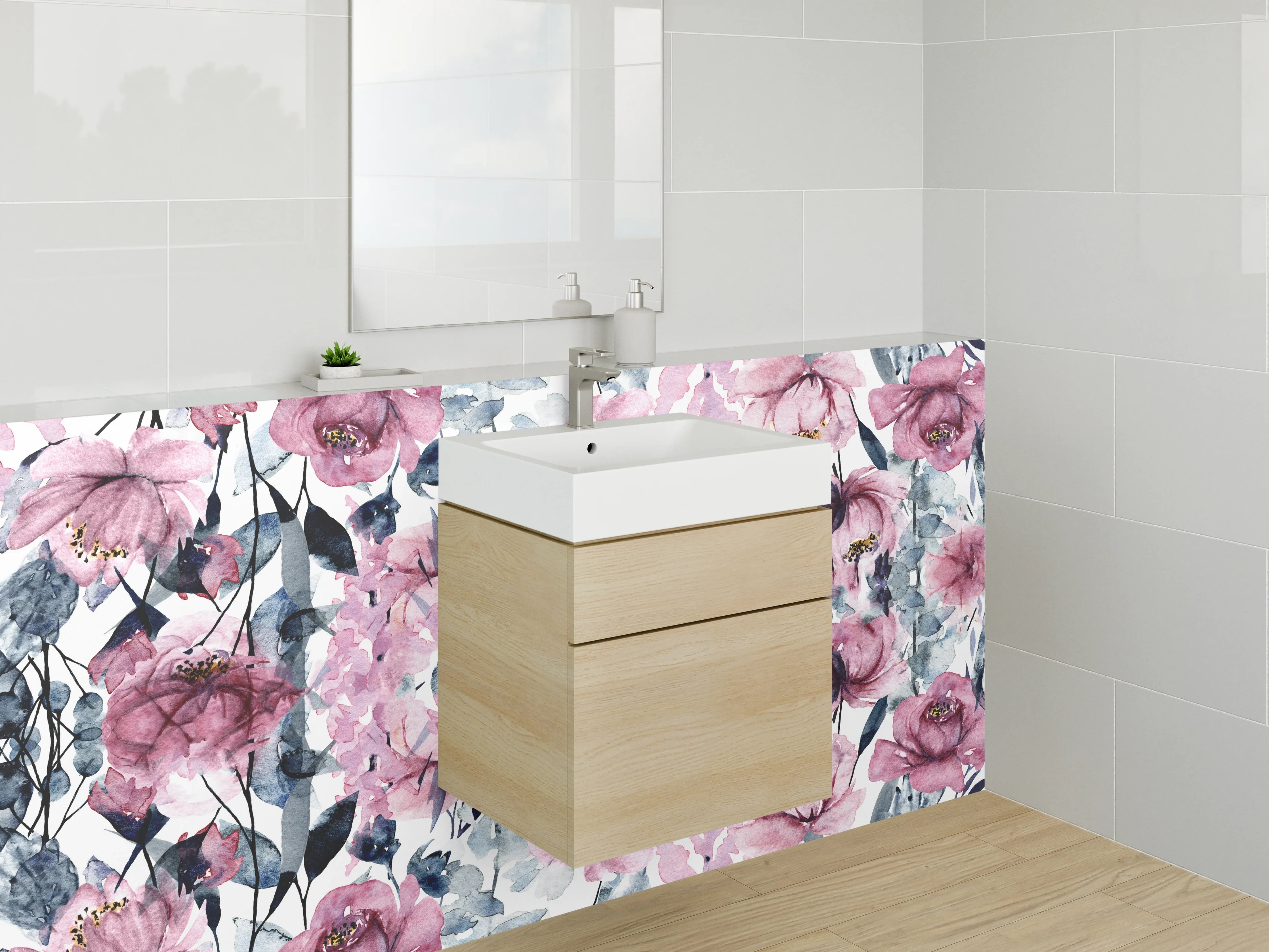 Waschbecken-Rückwand - Aquarell Rosen Blumenmuster Rosa Grau