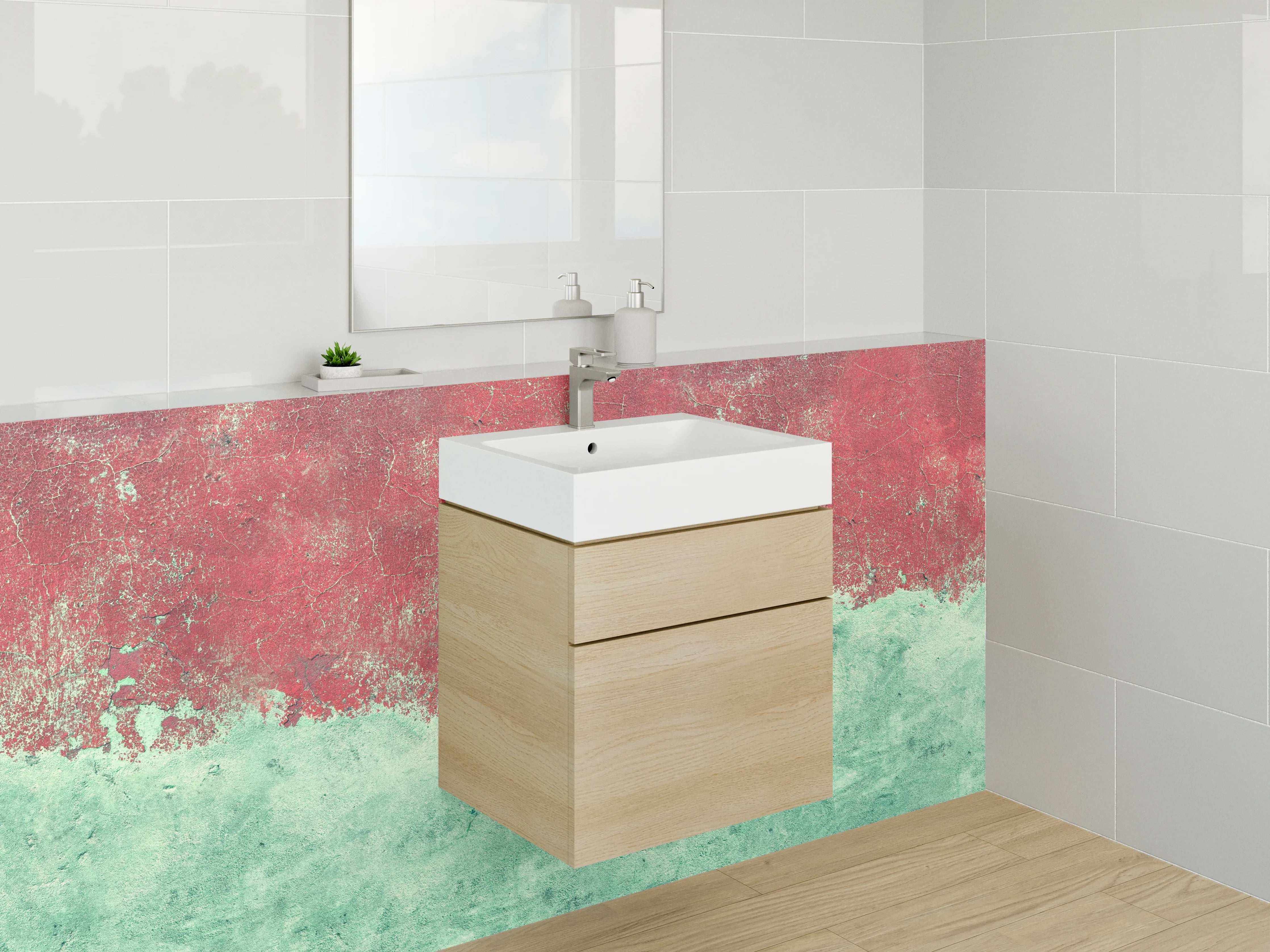 Waschbecken-Rückwand - Aquarell Struktur Rot-Türkis