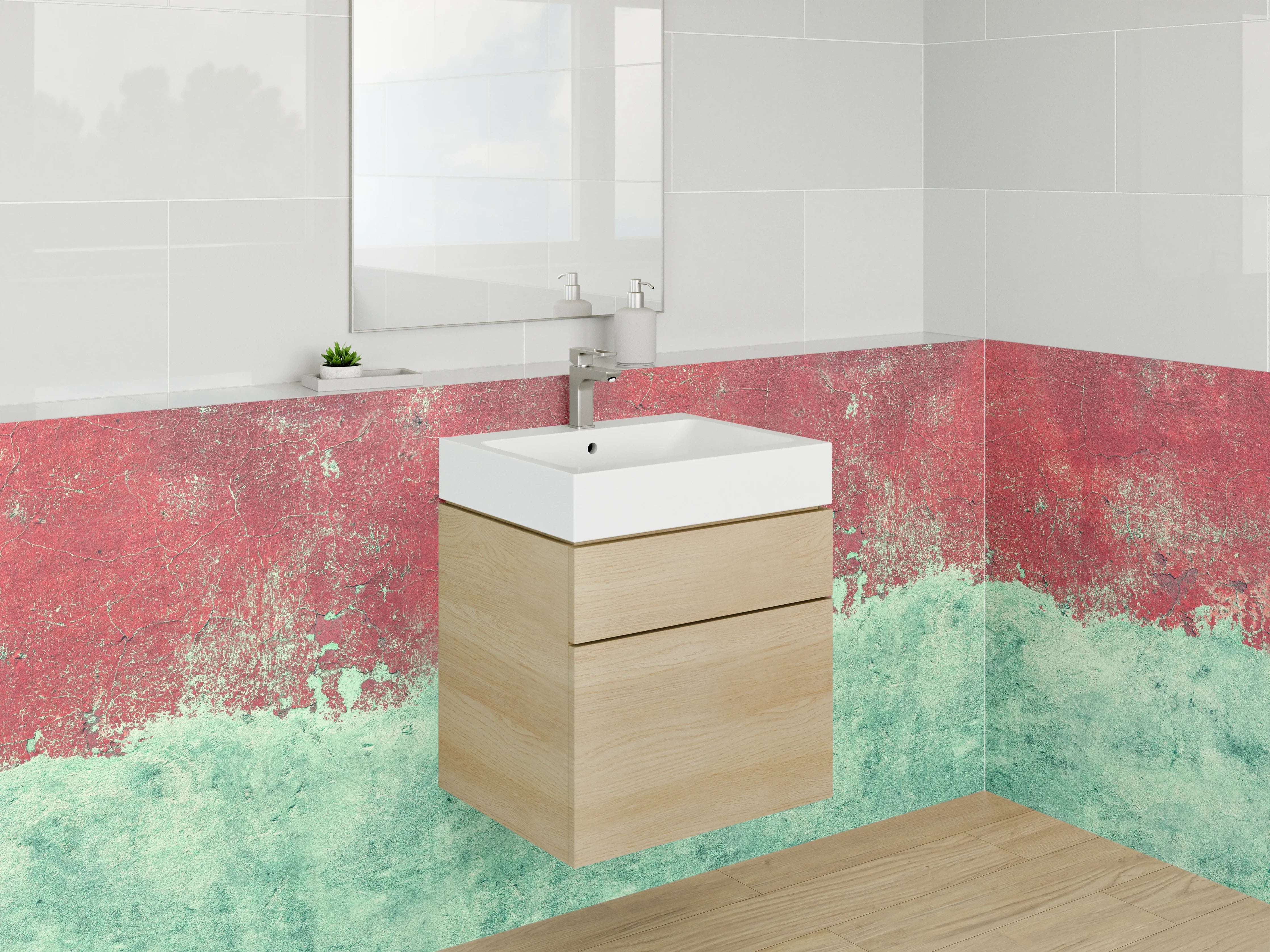 Waschbecken-Rückwand - Aquarell Struktur Rot-Türkis
