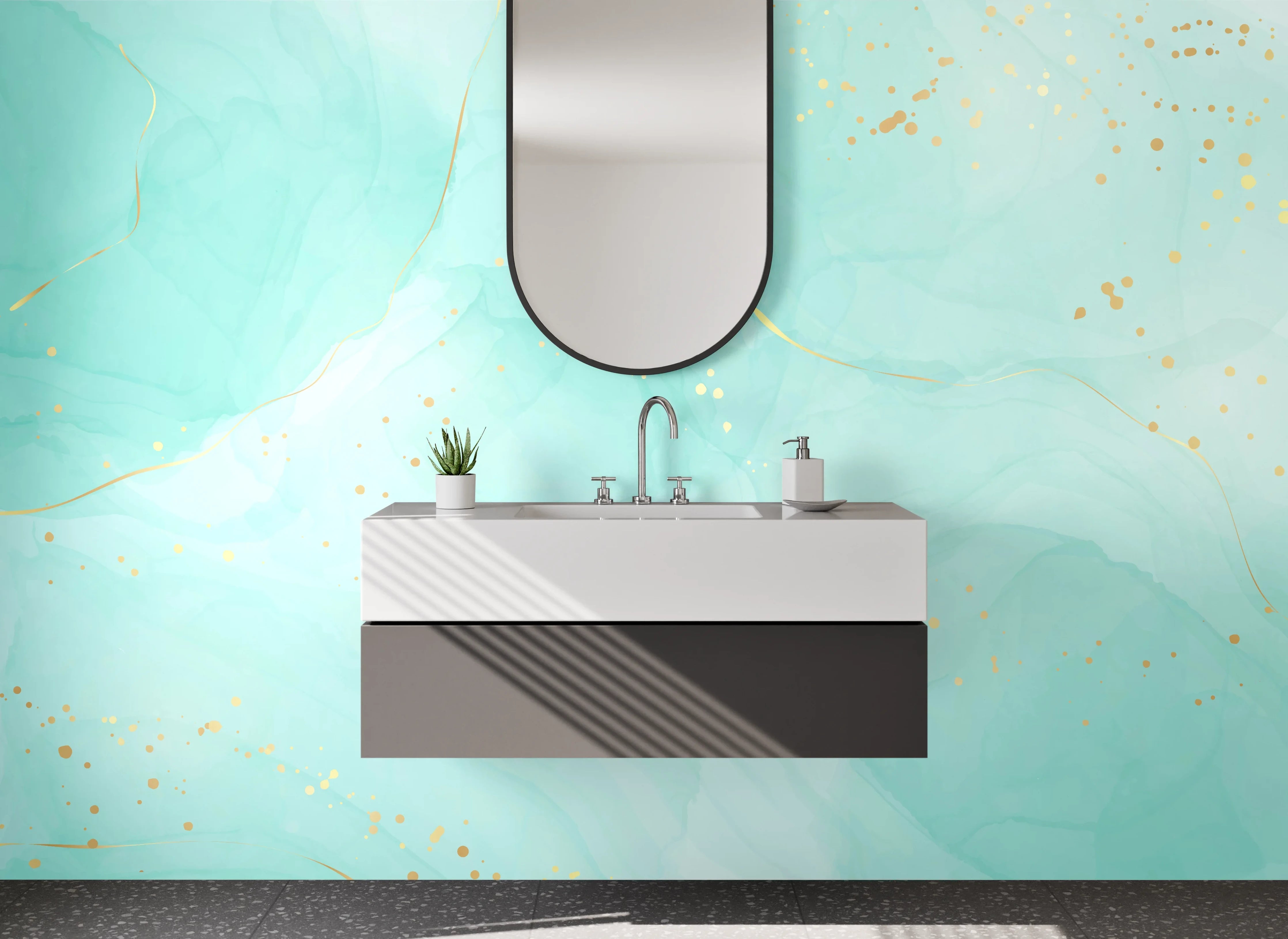 Waschbecken-Rückwand - Aquarell Türkis Gold Abstrakt Design