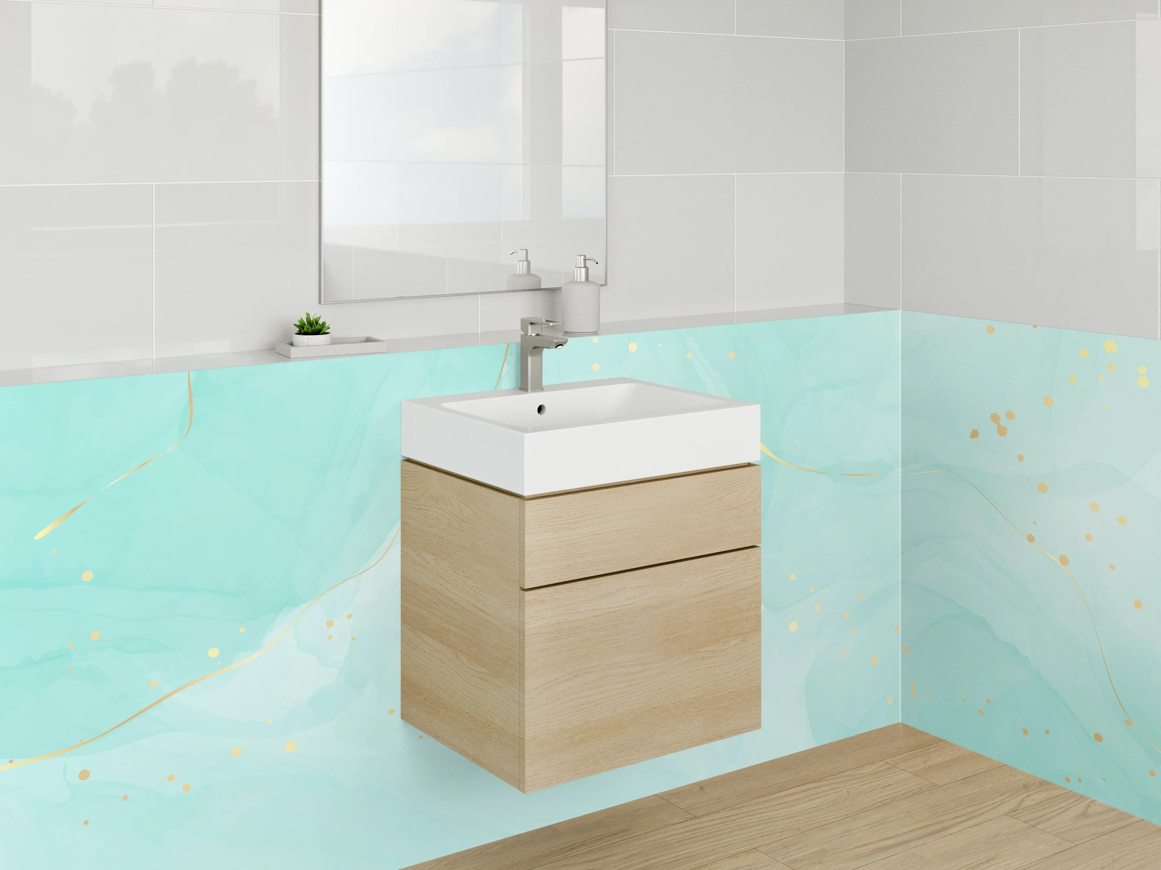 Waschbecken-Rückwand - Aquarell Türkis Gold Abstrakt Design