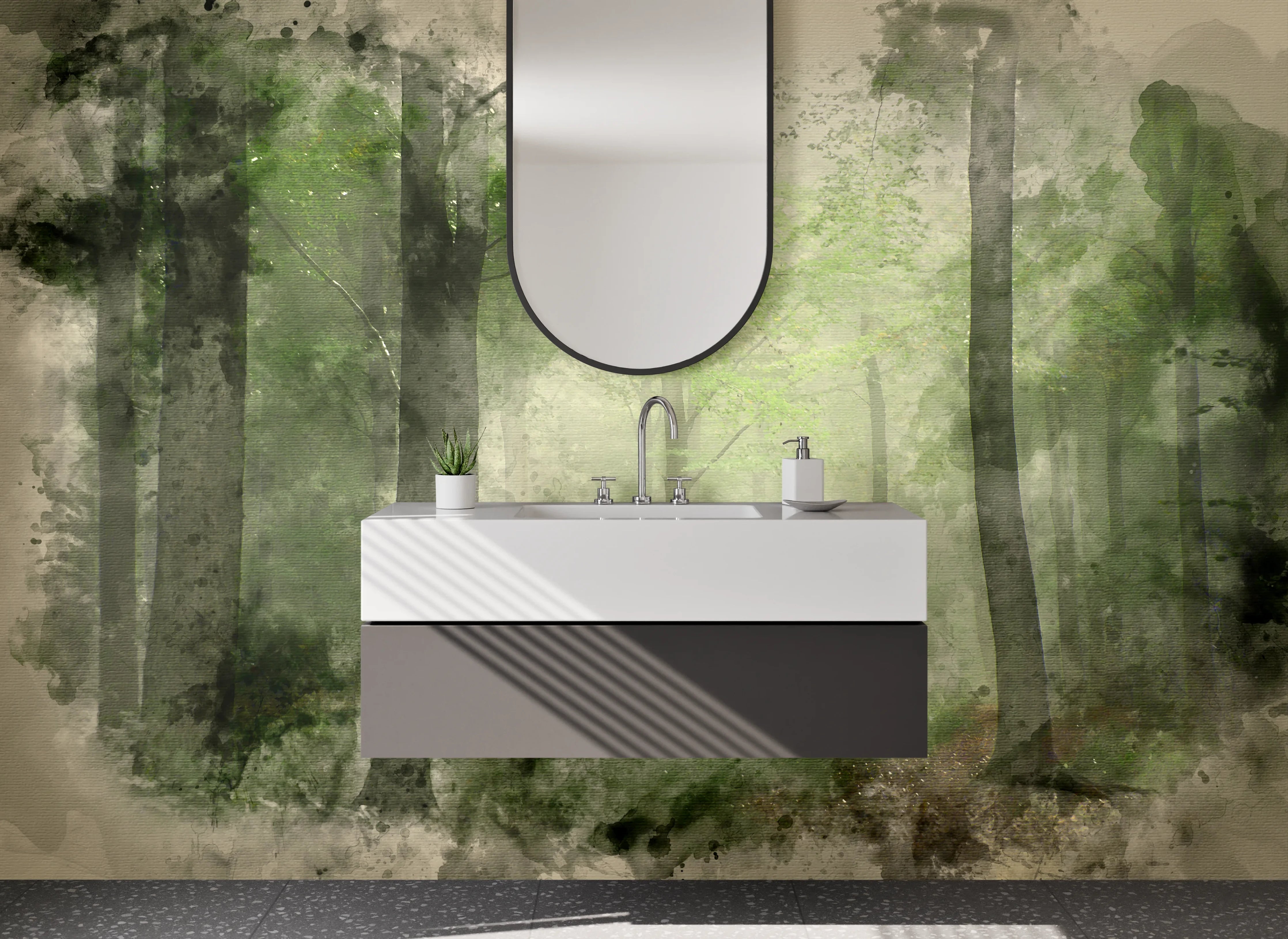 Waschbecken-Rückwand - Aquarell Wald Landschaft Poster
