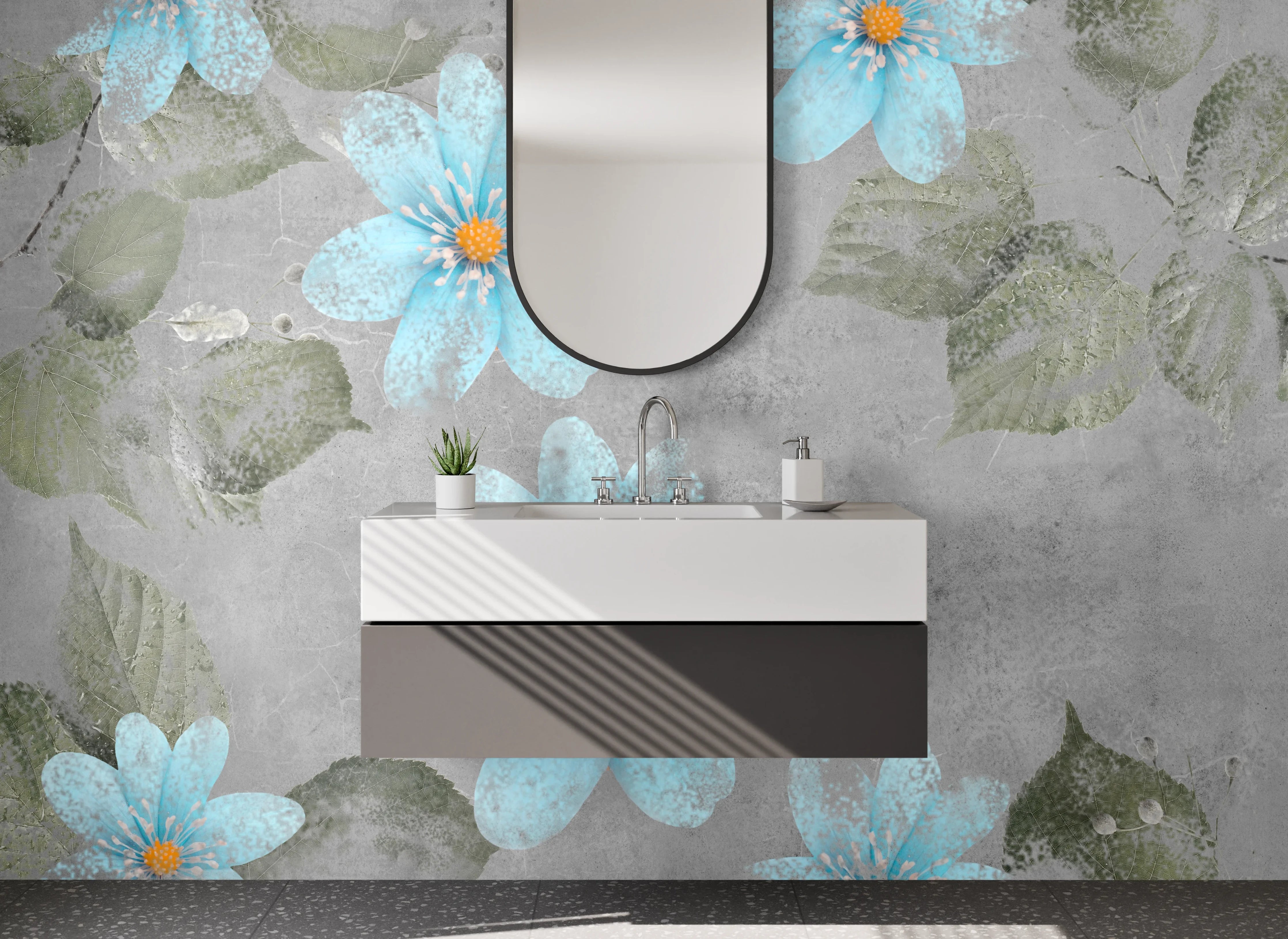 Waschbecken-Rückwand - Aquarell blaue Blumen auf Grau