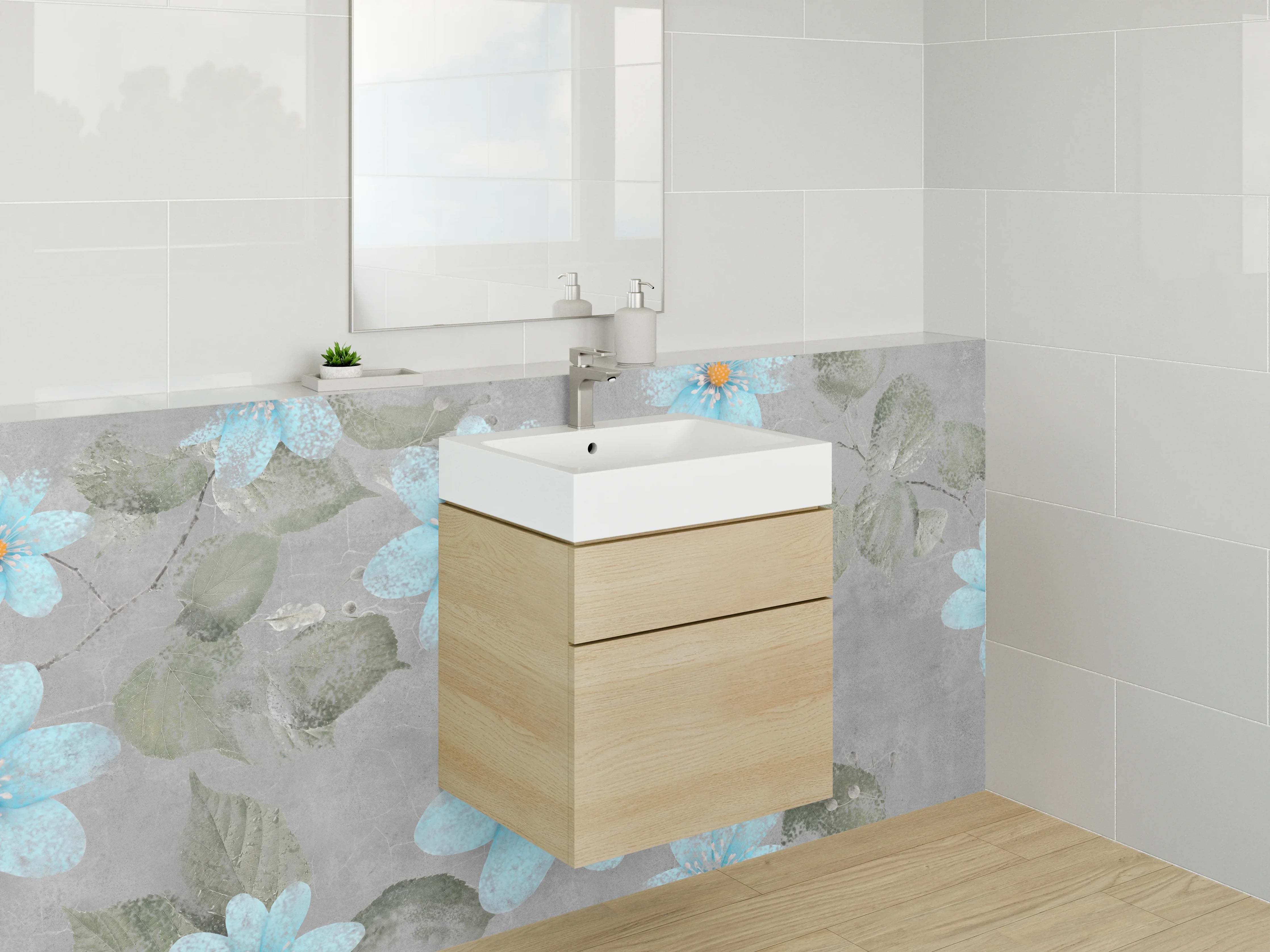 Waschbecken-Rückwand - Aquarell blaue Blumen auf Grau
