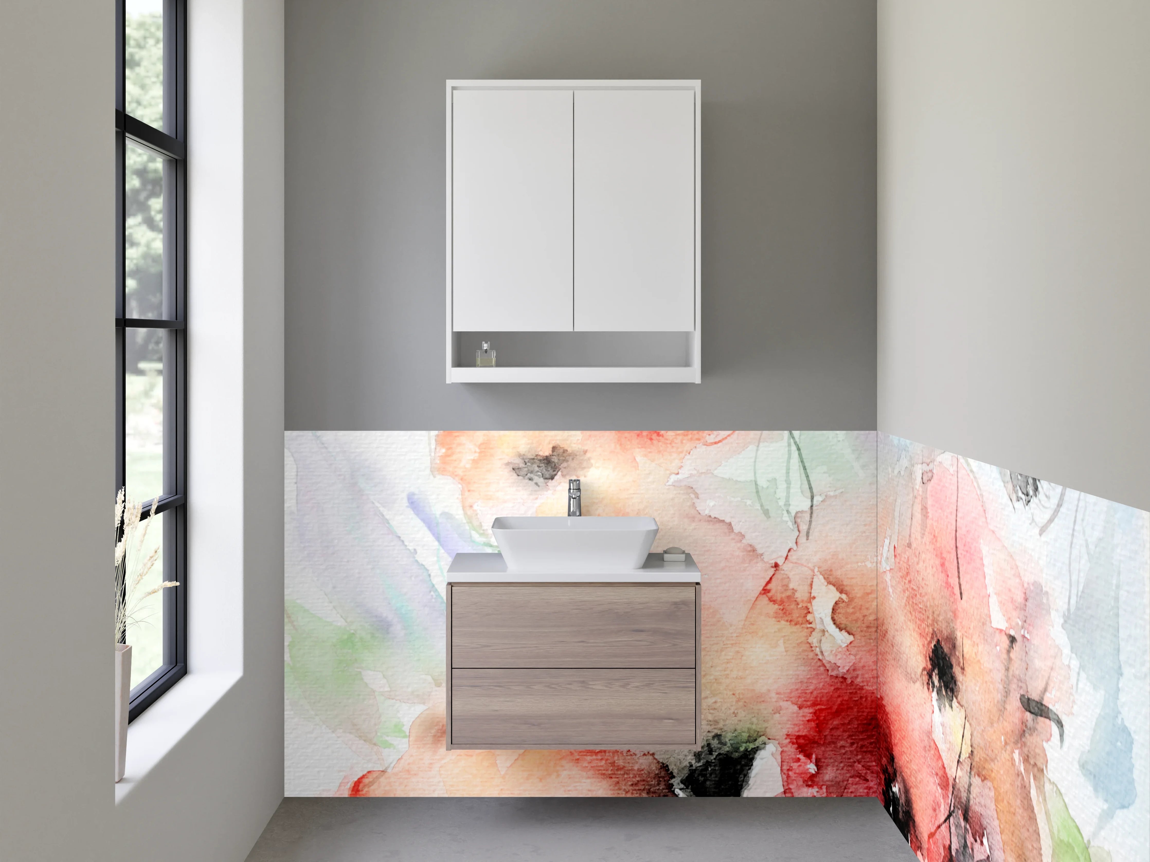 Waschbecken-Rückwand - Aquarellartige Blumenmalerei in zarten Farbtönen