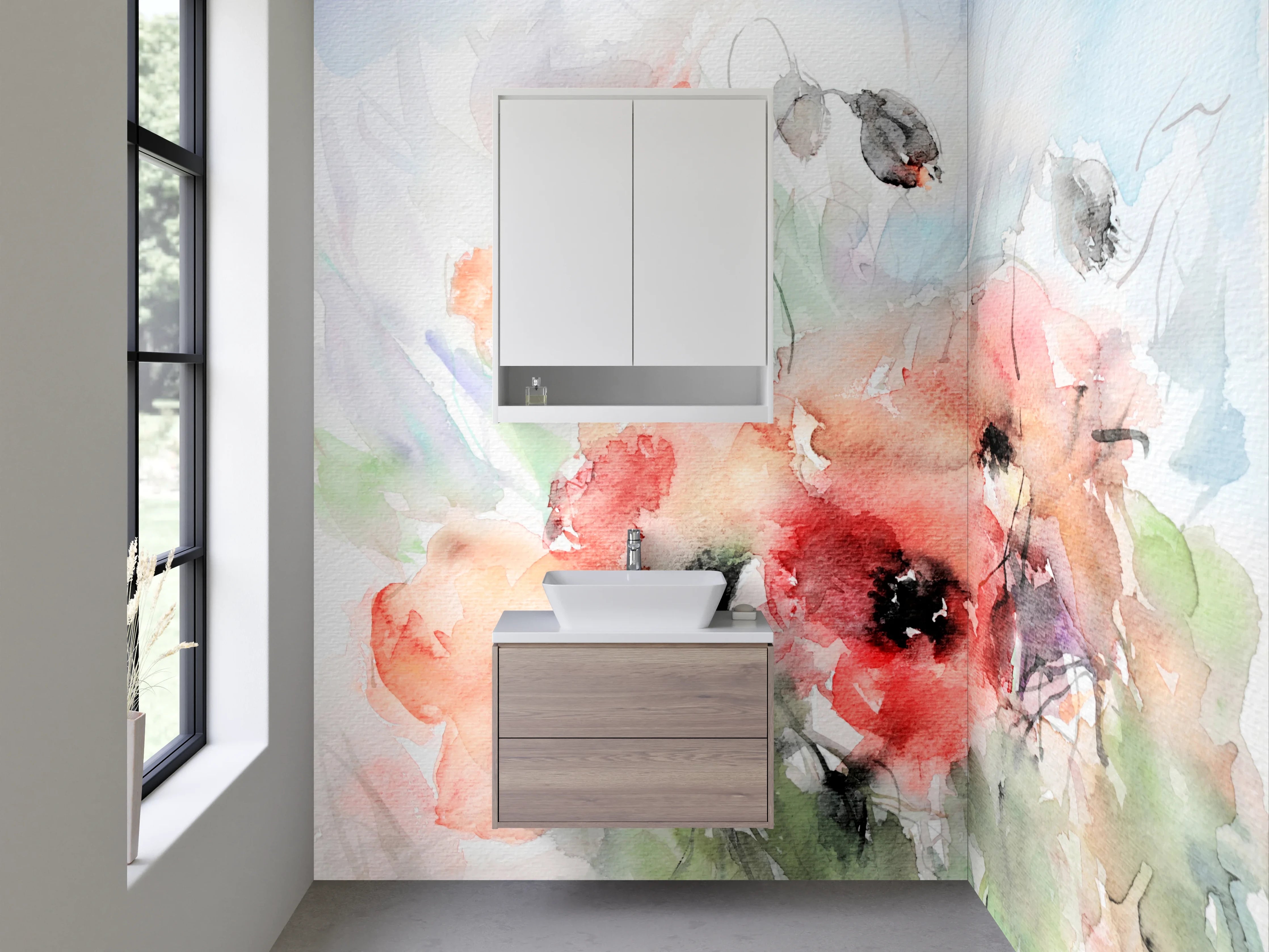 Waschbecken-Rückwand - Aquarellartige Blumenmalerei in zarten Farbtönen