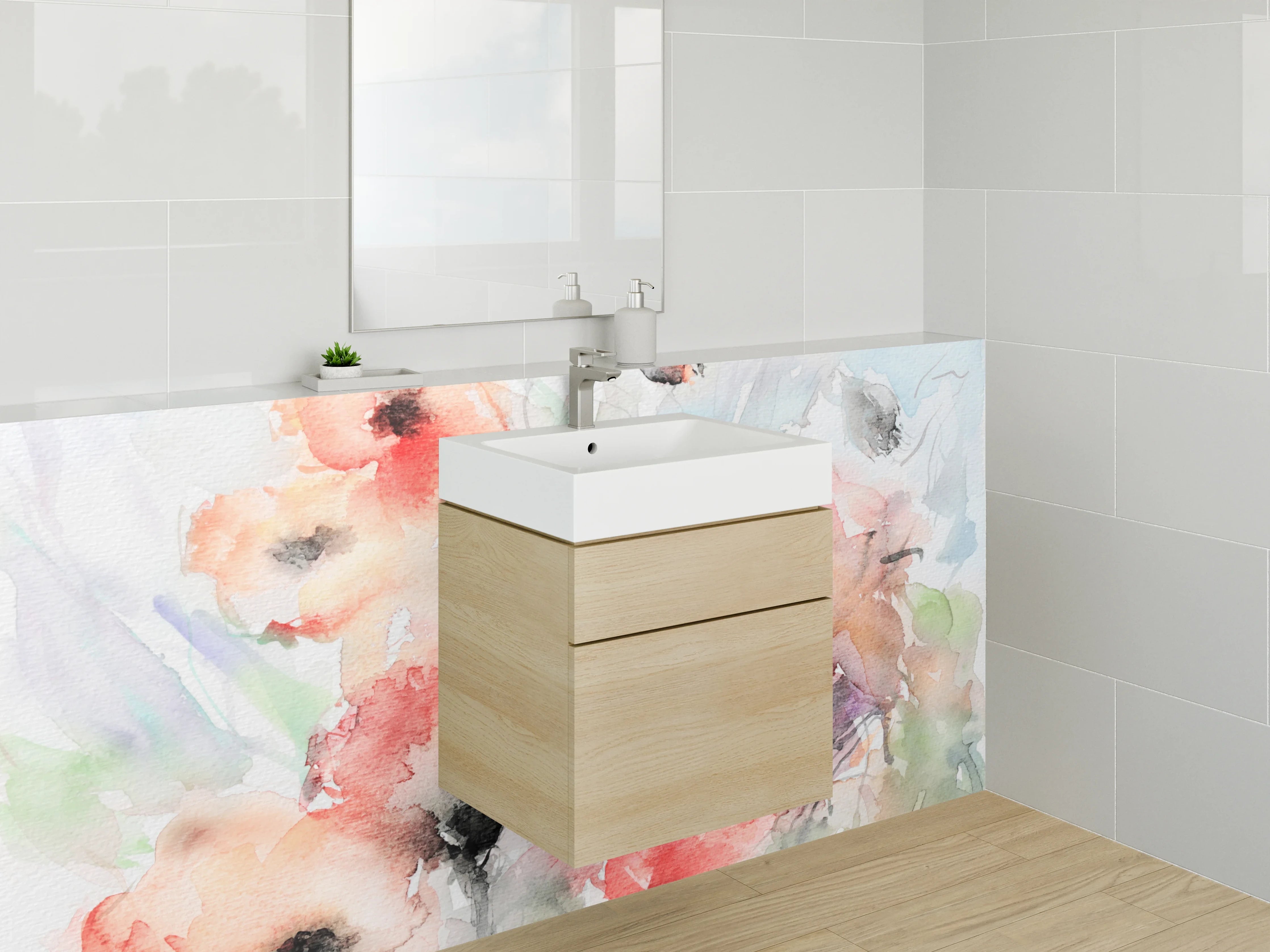 Waschbecken-Rückwand - Aquarellartige Blumenmalerei in zarten Farbtönen