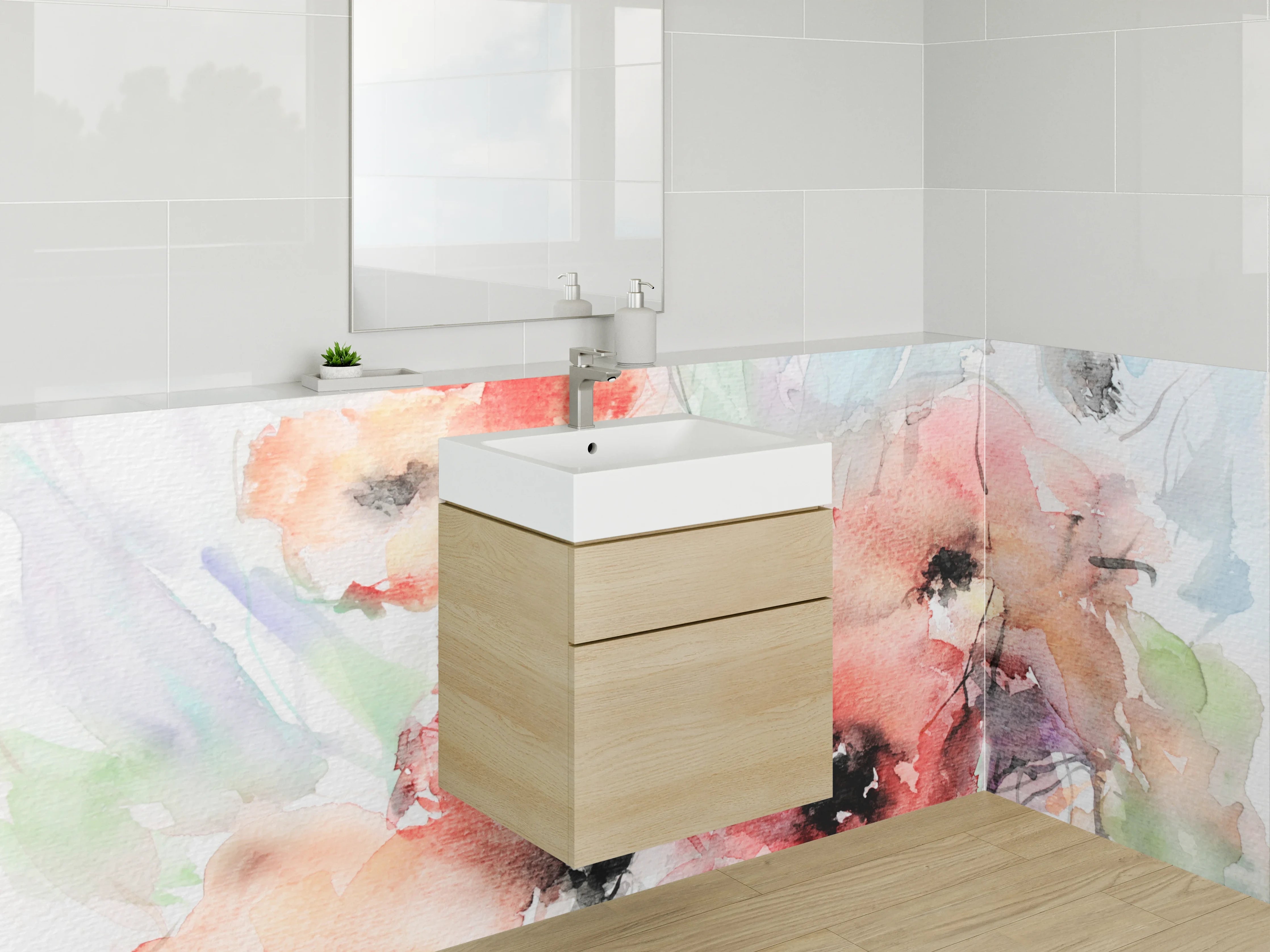 Waschbecken-Rückwand - Aquarellartige Blumenmalerei in zarten Farbtönen