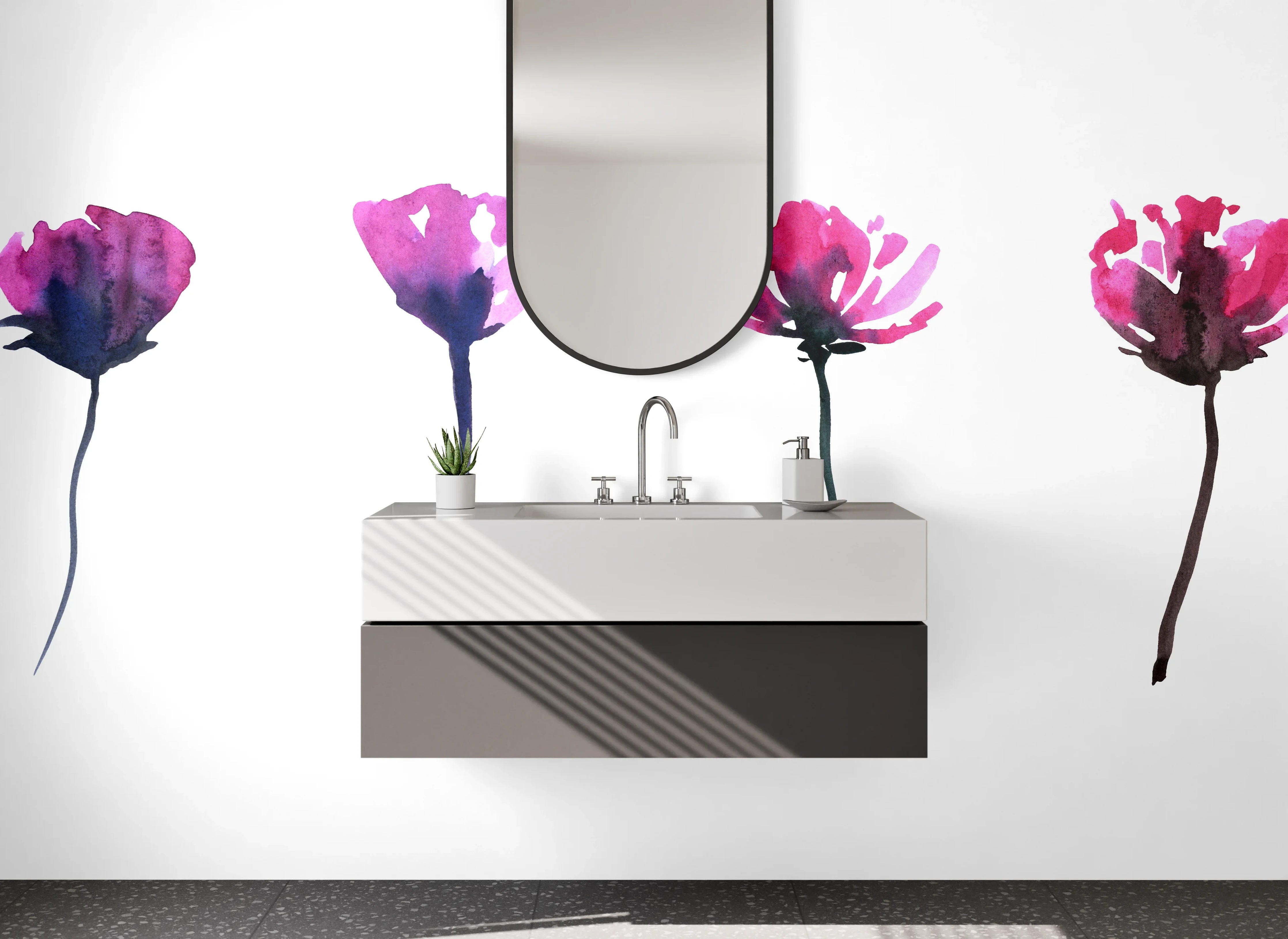 Waschbecken-Rückwand - Aquarellblumen Minimalistisch Weiß Pink