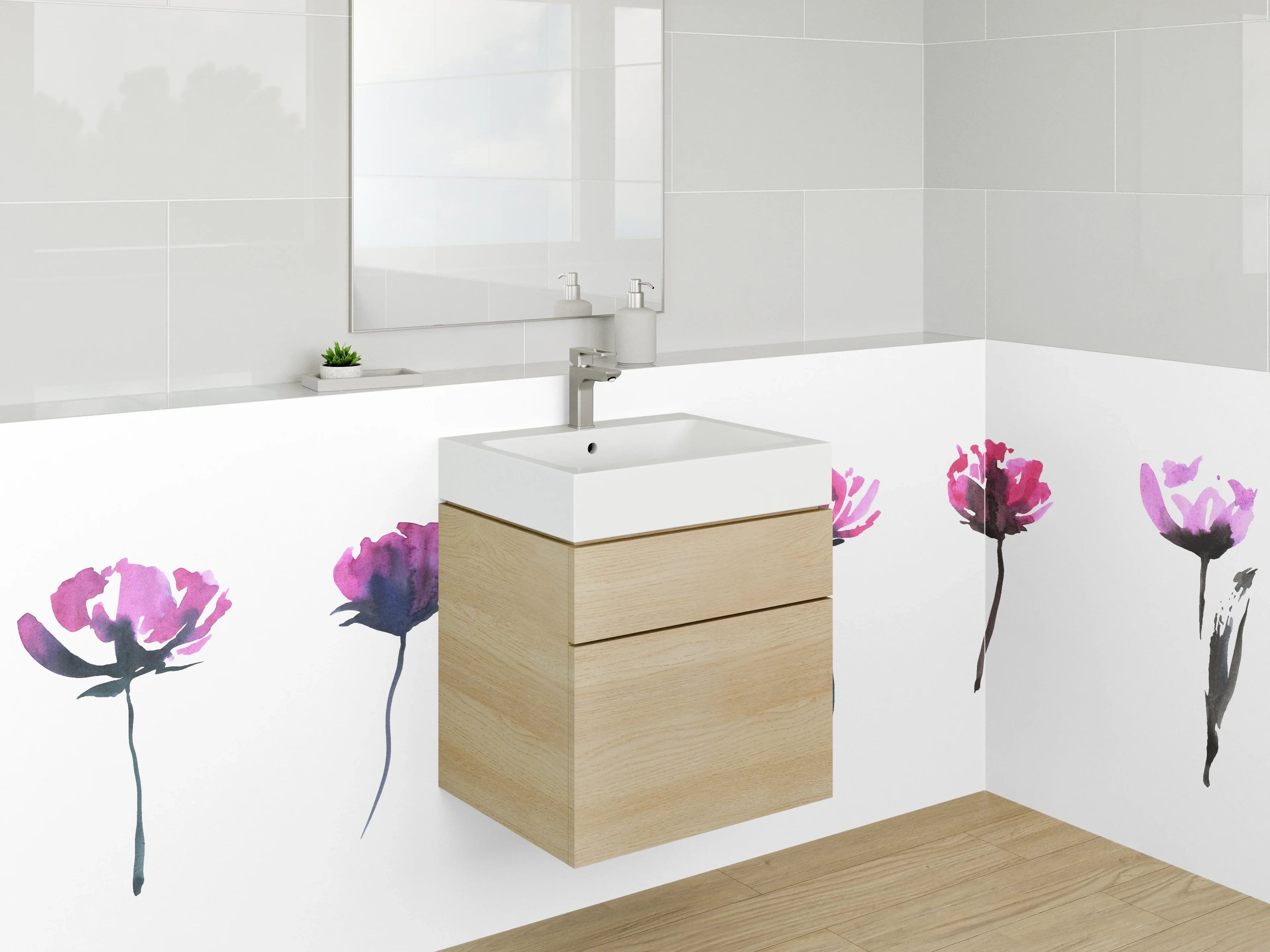 Waschbecken-Rückwand - Aquarellblumen Minimalistisch Weiß Pink