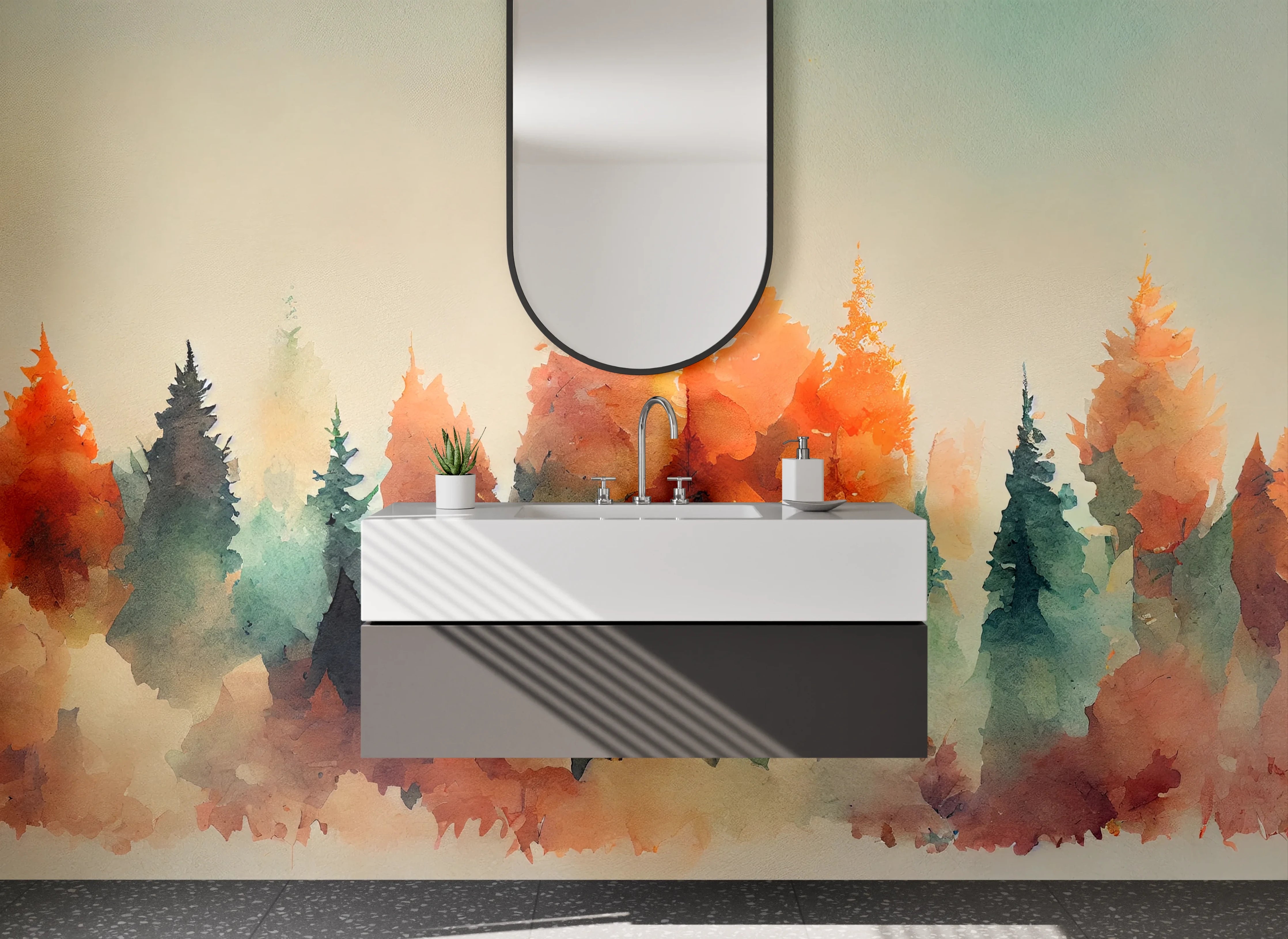 Waschbecken-Rückwand - Aquarellierte Waldszene in sanften Farben