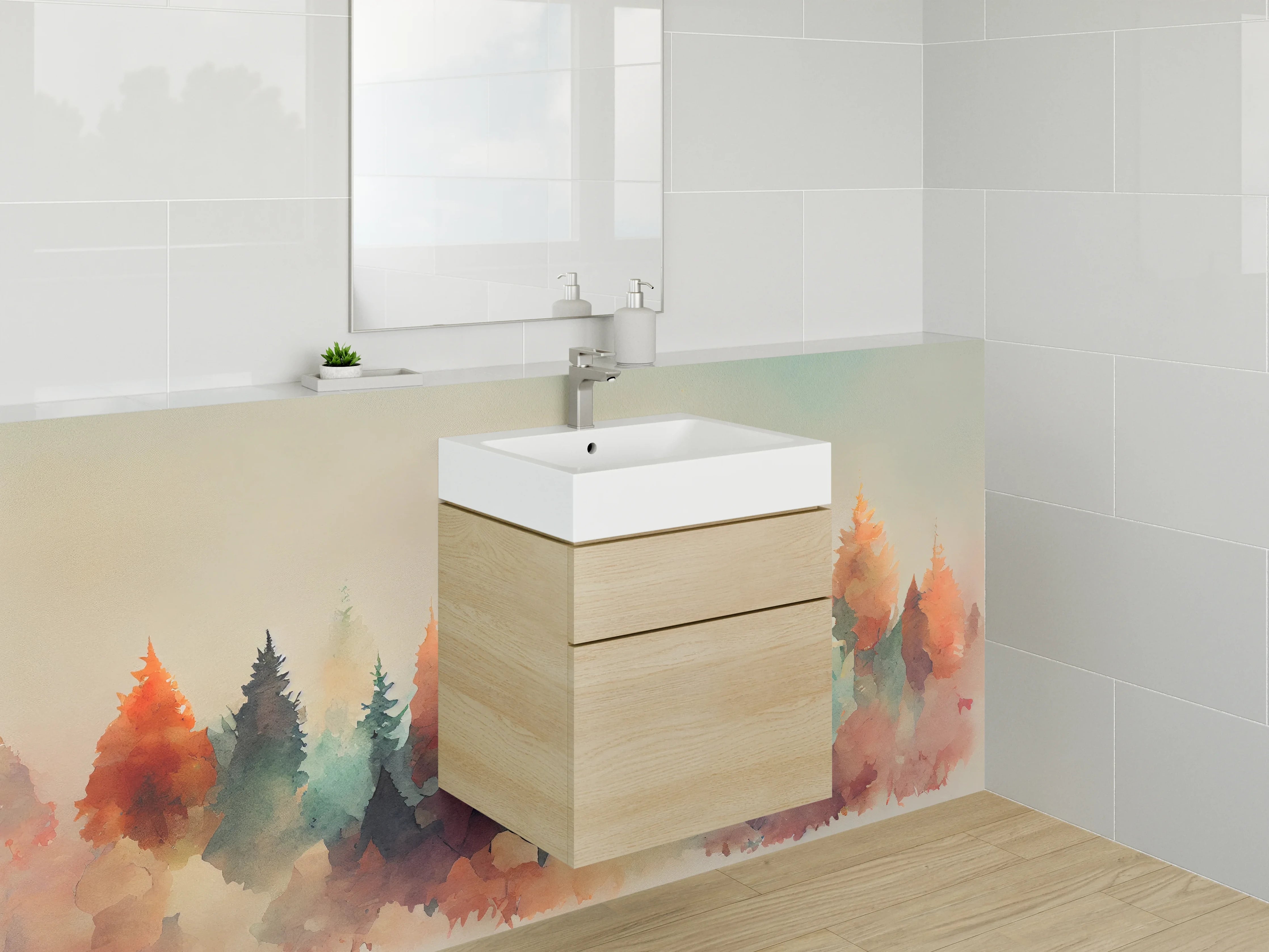 Waschbecken-Rückwand - Aquarellierte Waldszene in sanften Farben