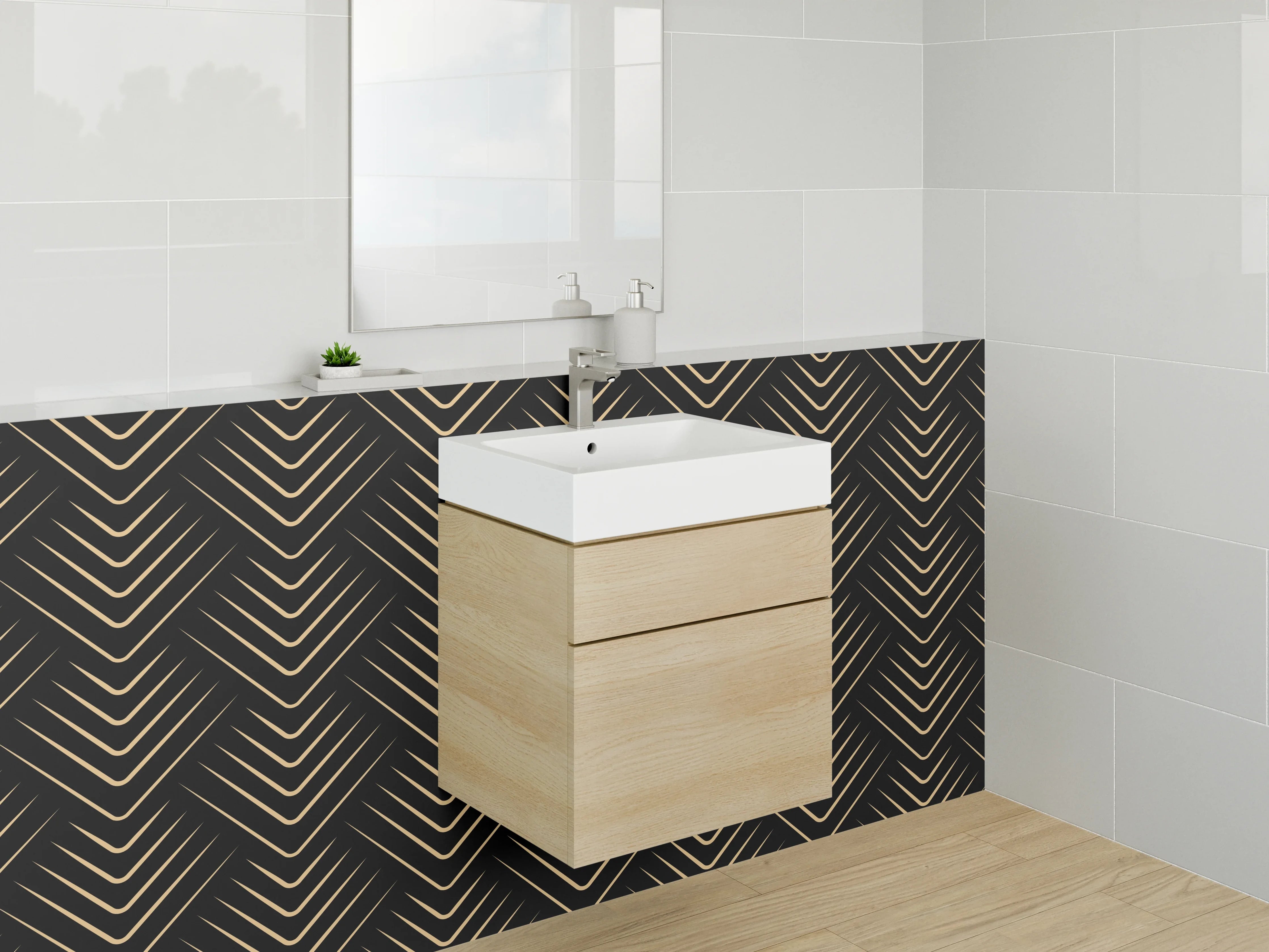 Waschbecken-Rückwand - Art Deco Chevron Muster Gold Schwarz