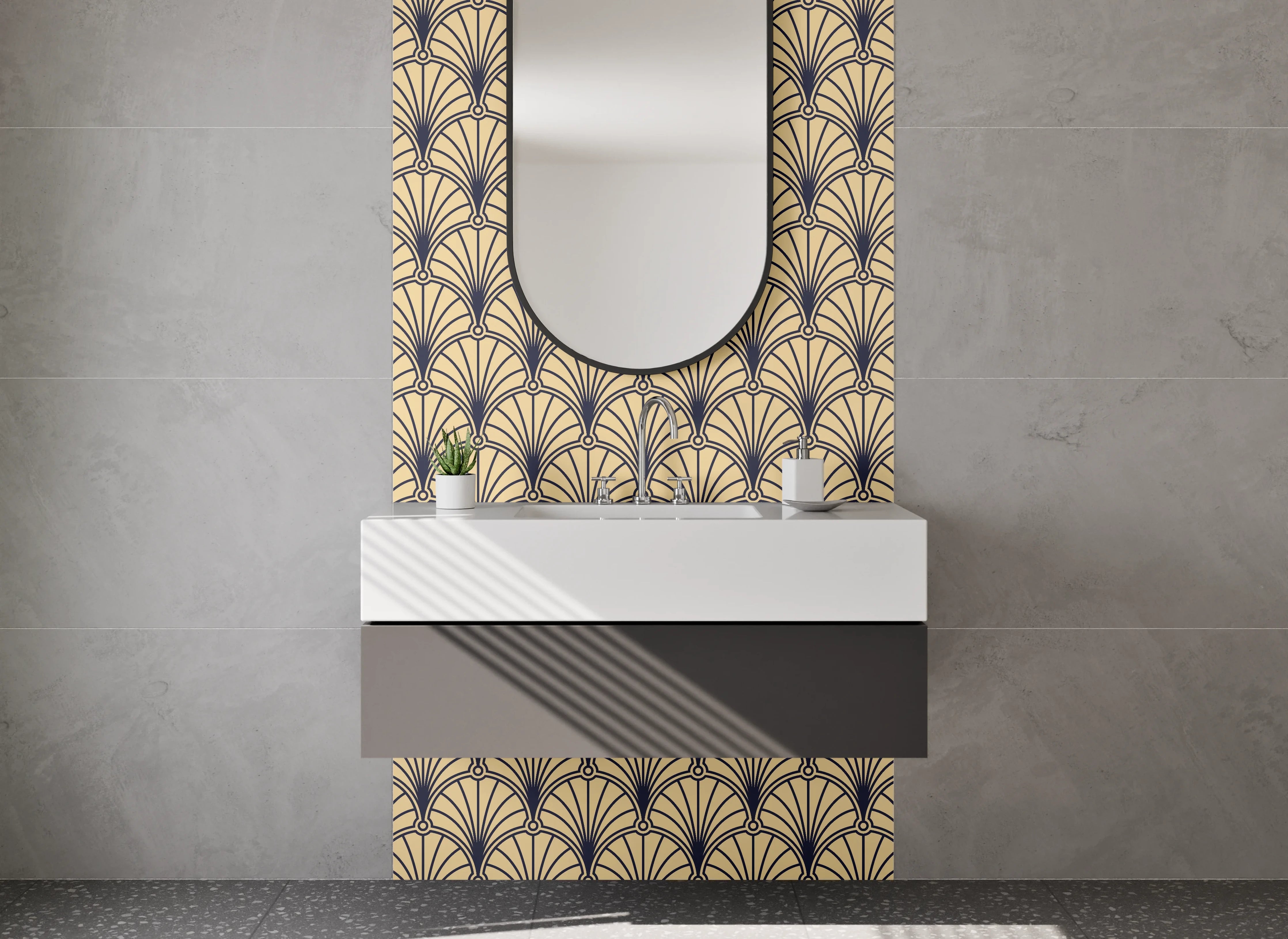 Waschbecken-Rückwand - Art Deco Fächer Muster Beige Gold