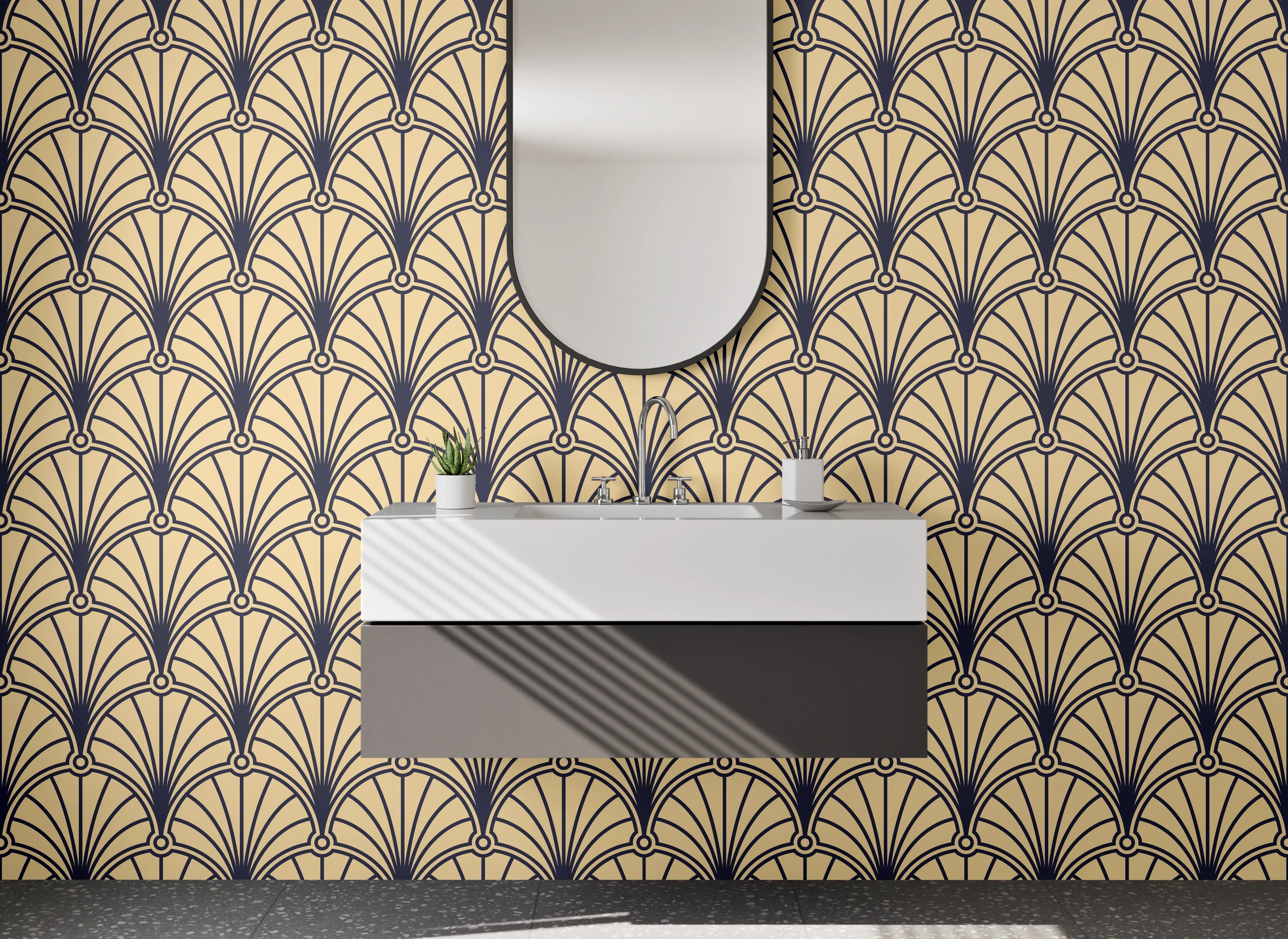 Waschbecken-Rückwand - Art Deco Fächer Muster Beige Gold
