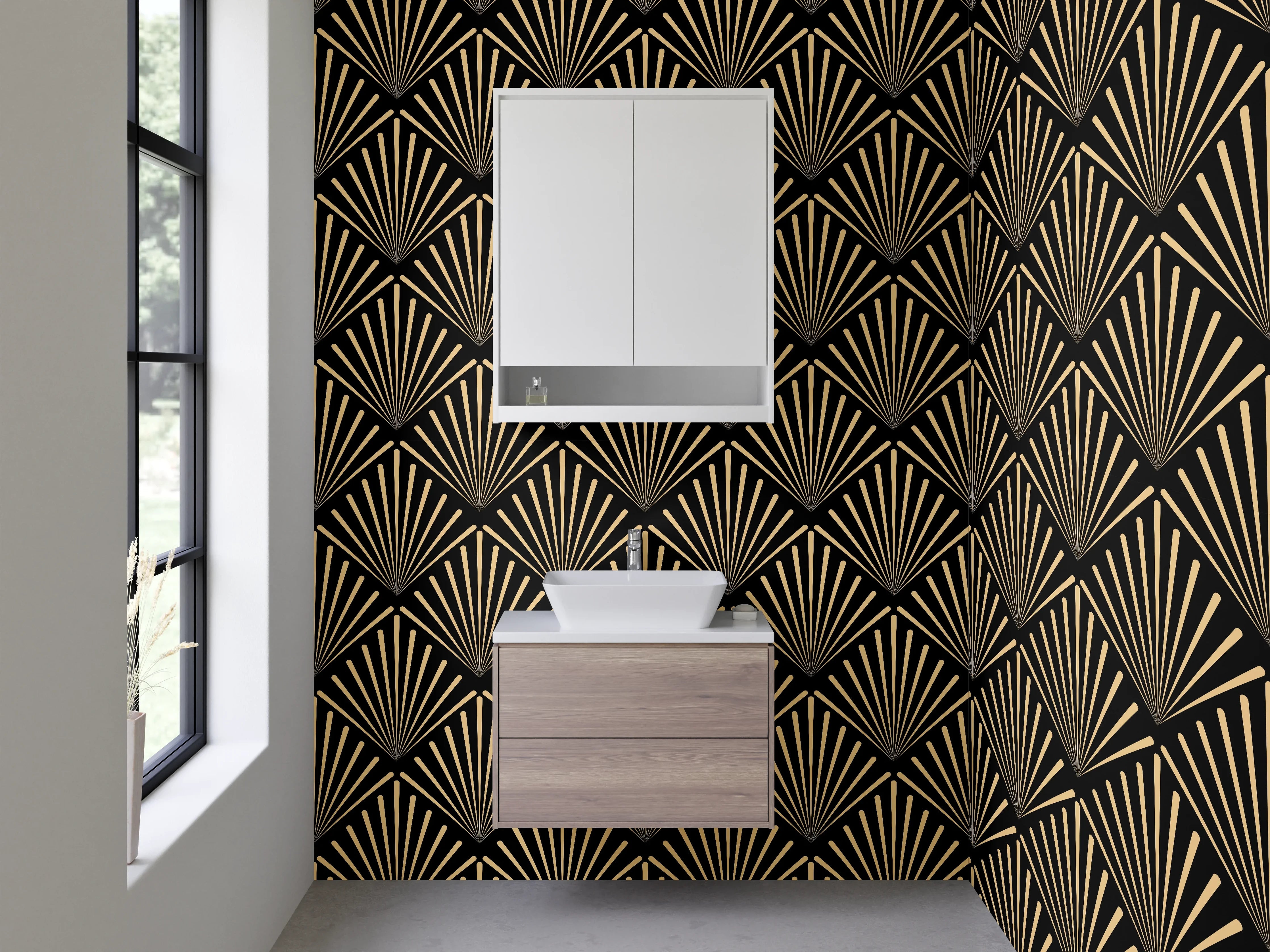 Waschbecken-Rückwand - Art Déco Fächer Muster Gold Schwarz