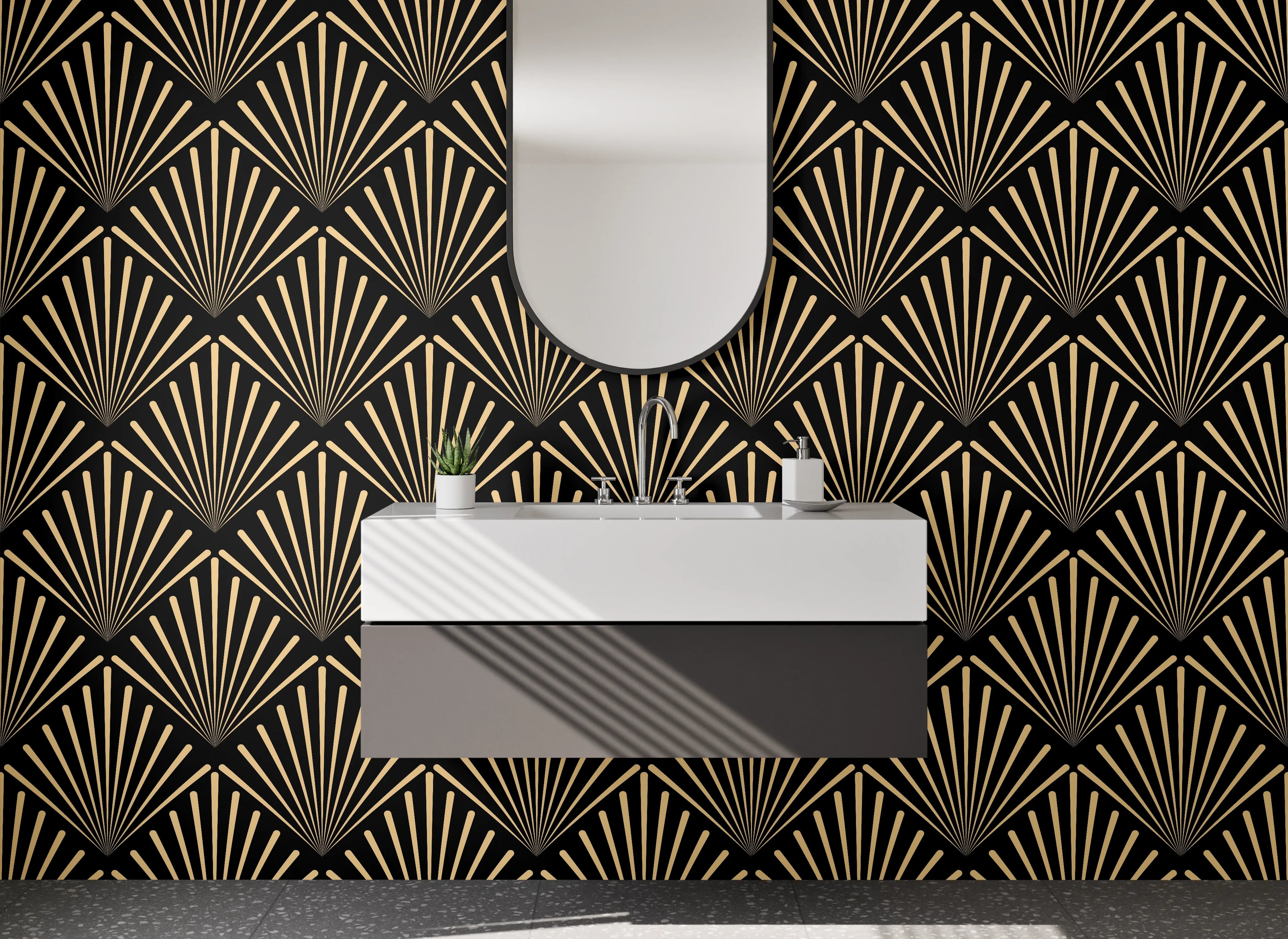 Waschbecken-Rückwand - Art Déco Fächer Muster Gold Schwarz