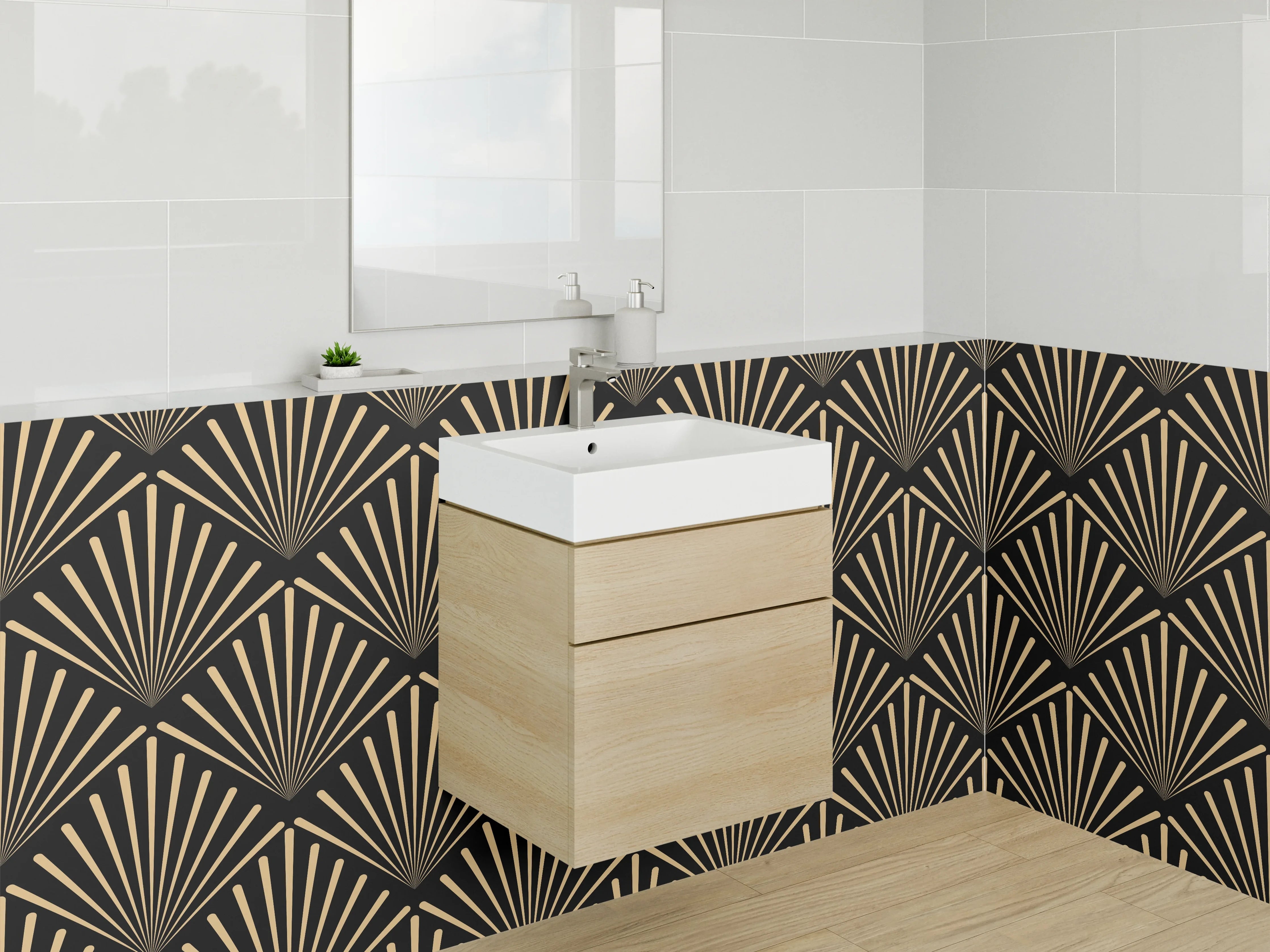 Waschbecken-Rückwand - Art Déco Fächer Muster Gold Schwarz