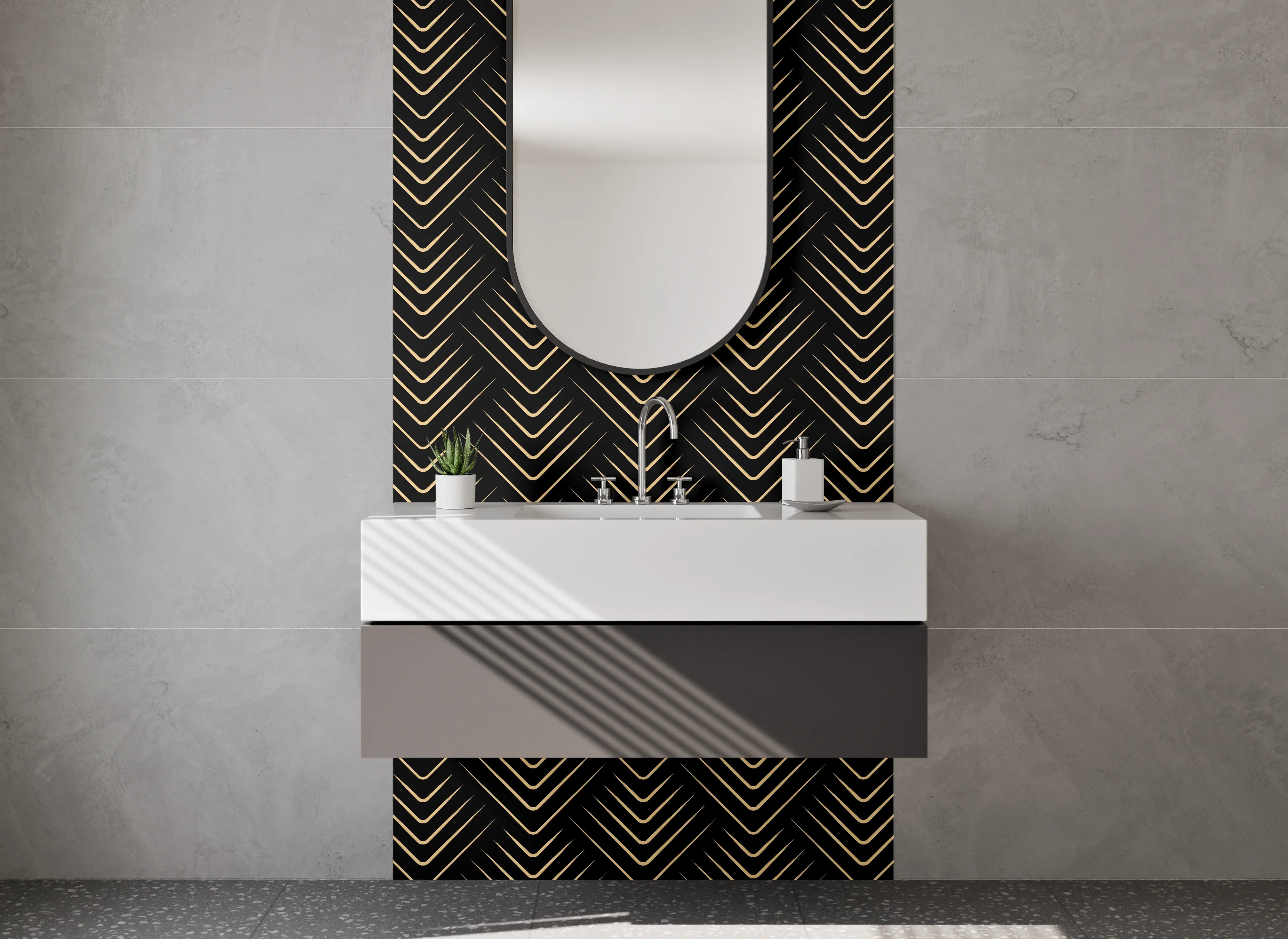 Waschbecken-Rückwand - Art Deco Muster Gold Schwarz