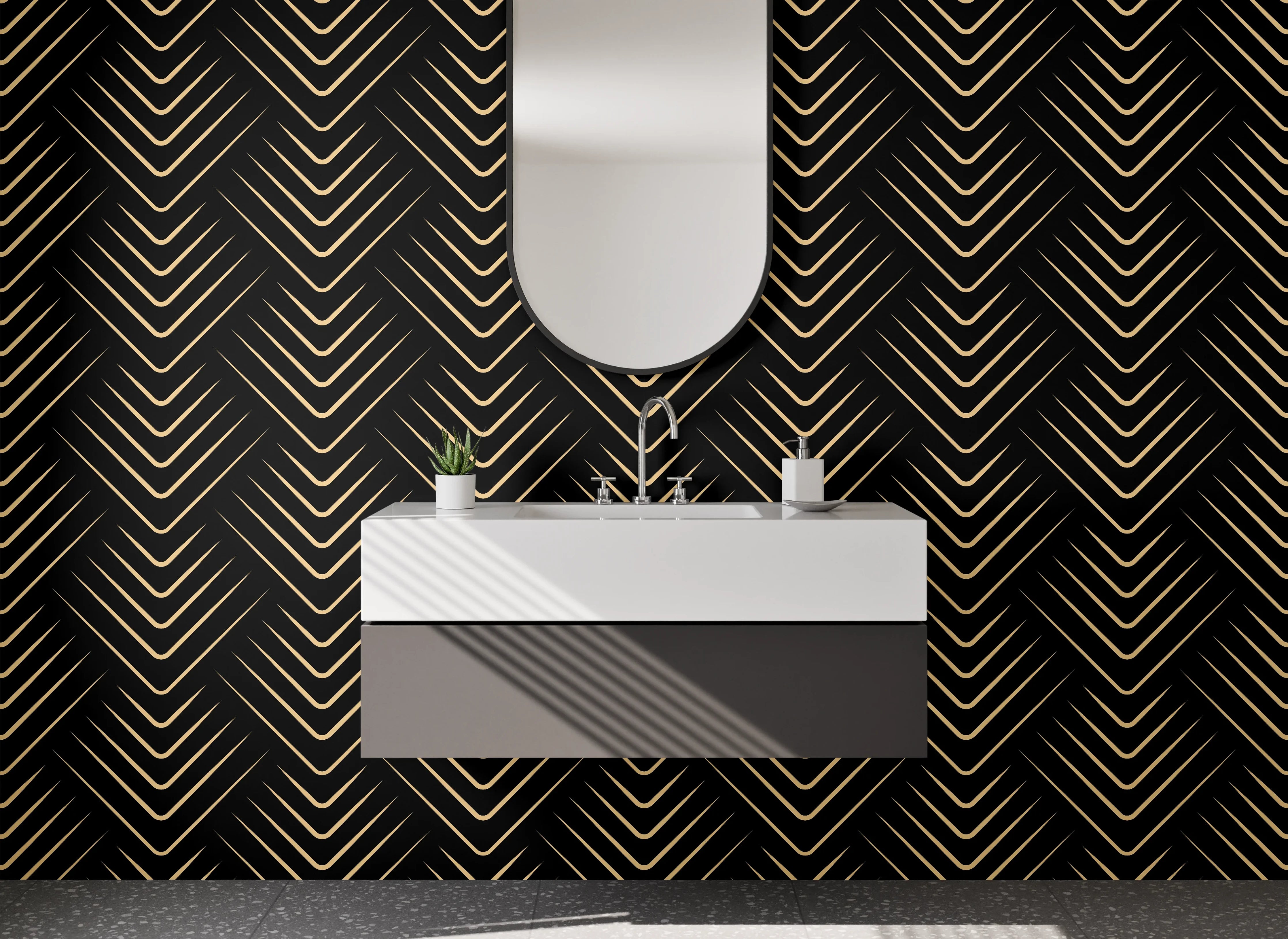Waschbecken-Rückwand - Art Deco Muster Gold Schwarz