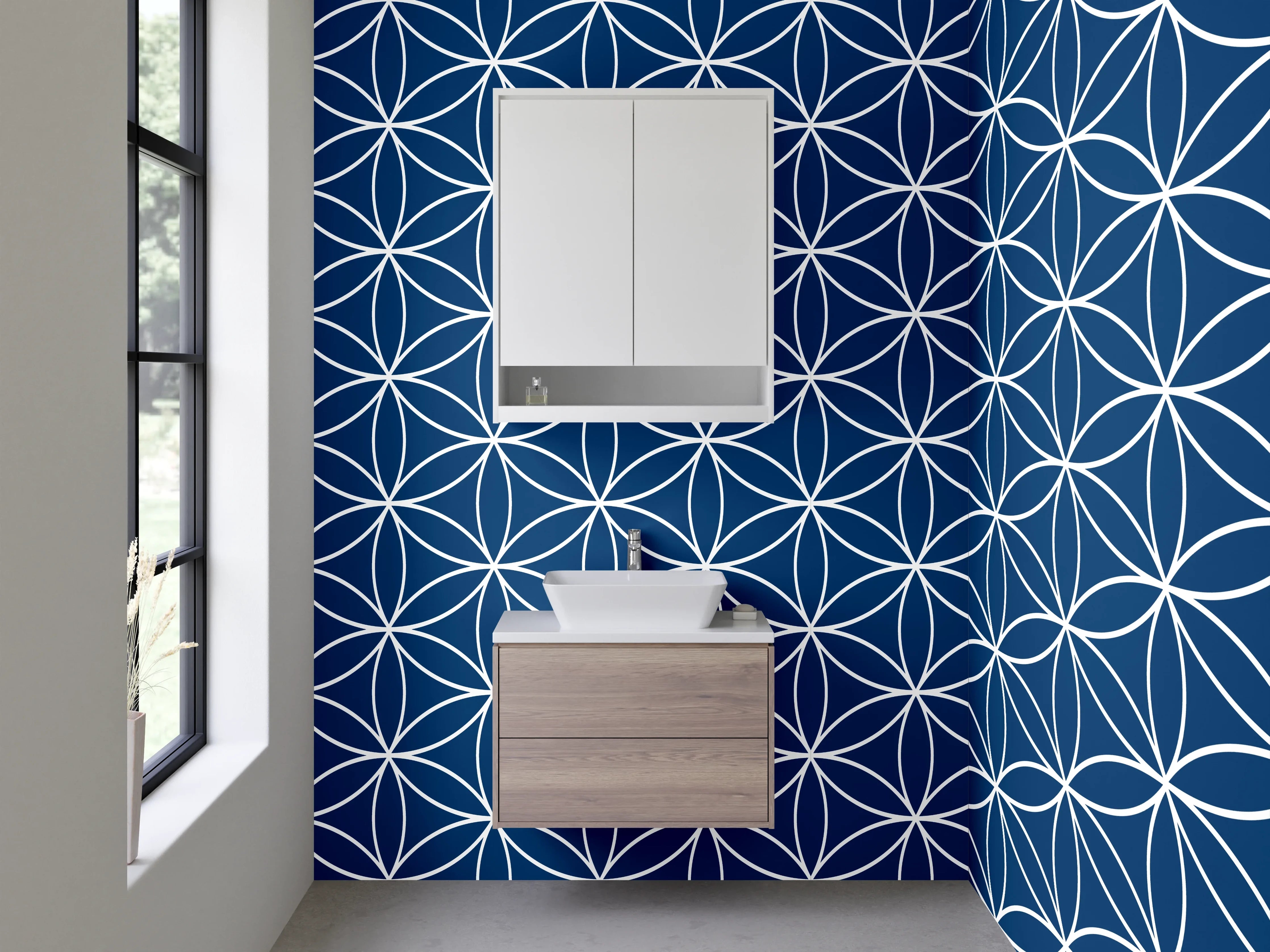 Waschbecken-Rückwand - Asanoha Geometrie in Blau Grau Weiß