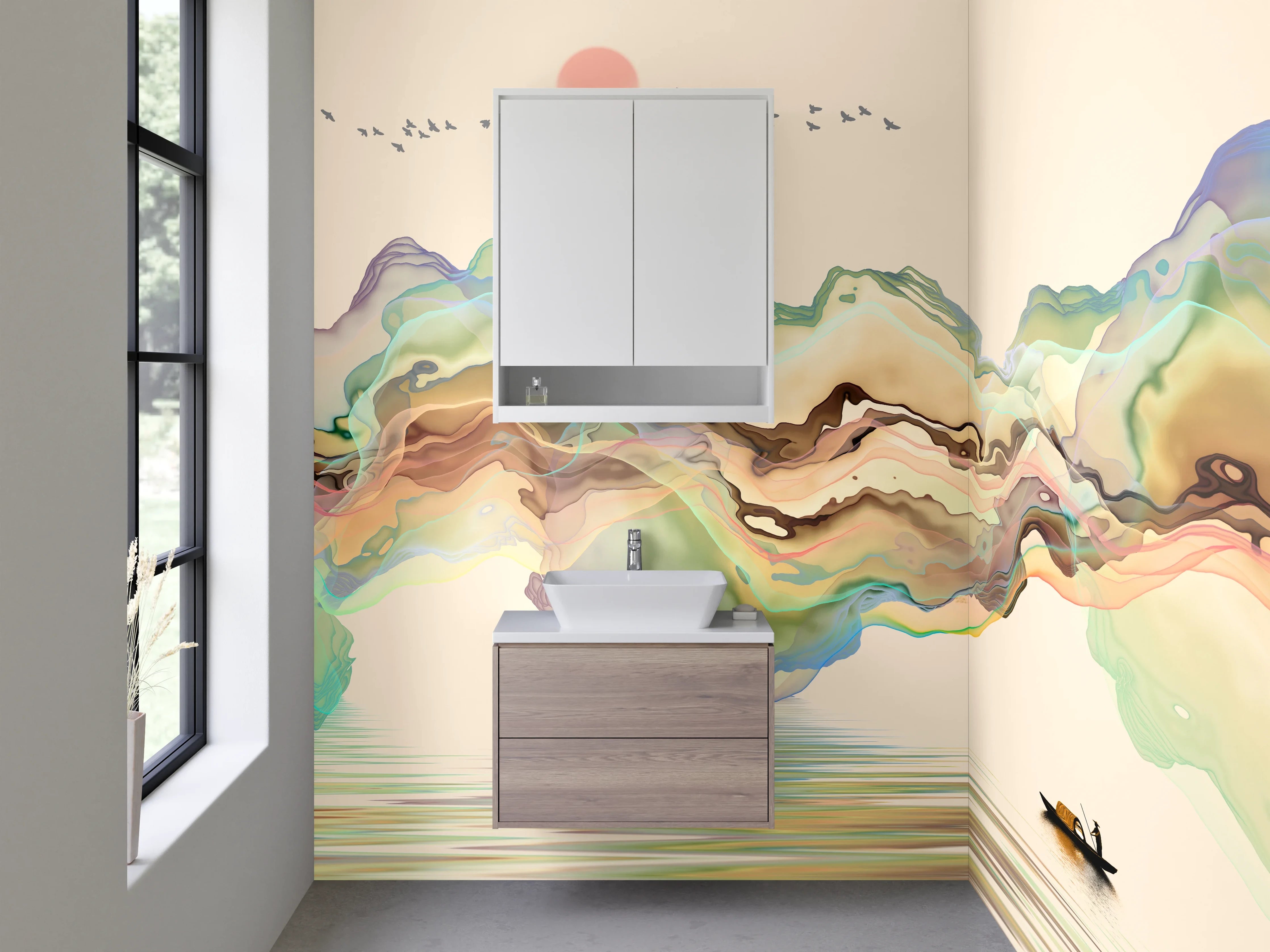 Waschbecken-Rückwand - Asiatische Aquarell-Berglandschaft Fluss