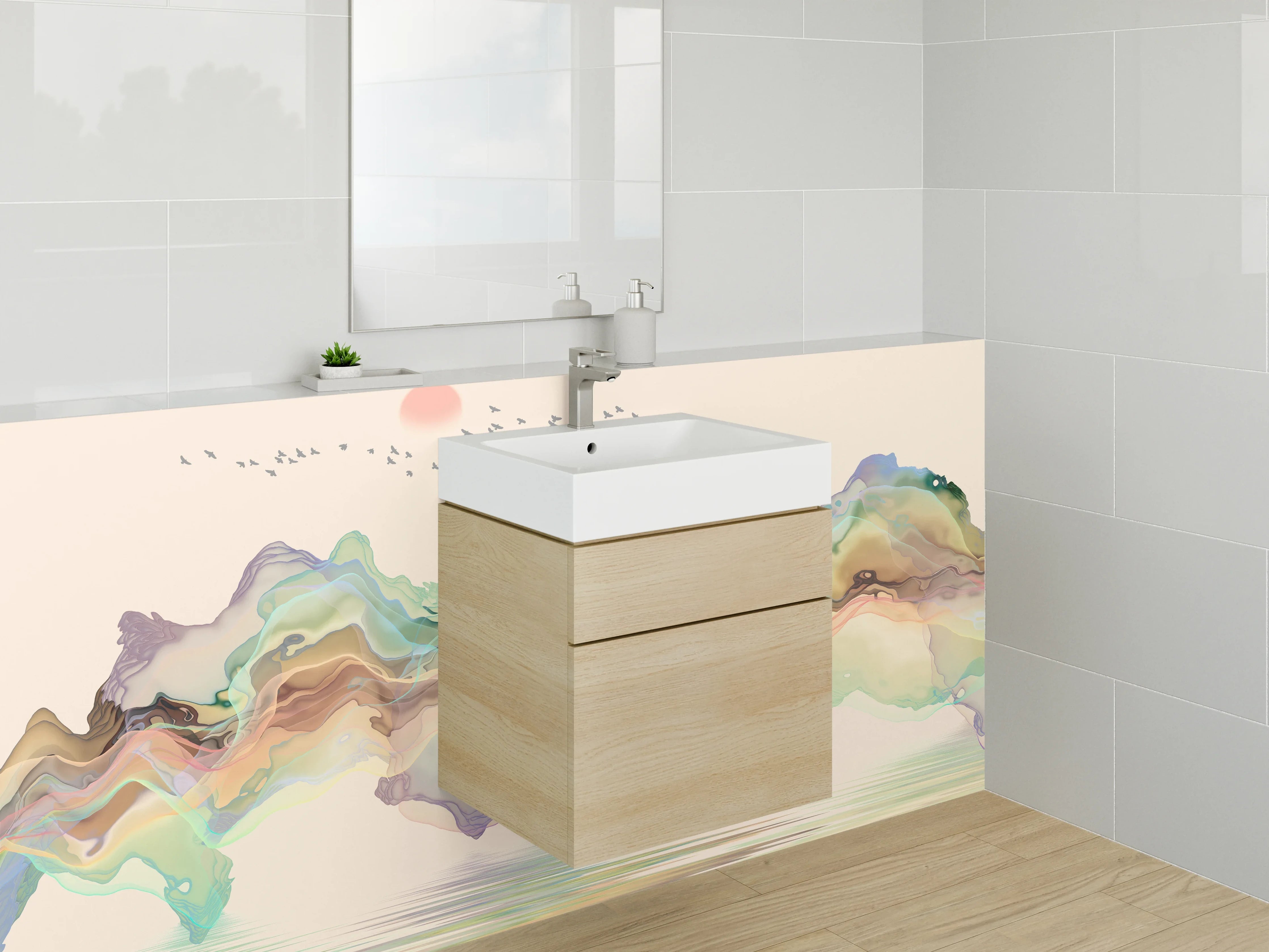 Waschbecken-Rückwand - Asiatische Aquarell-Berglandschaft Fluss